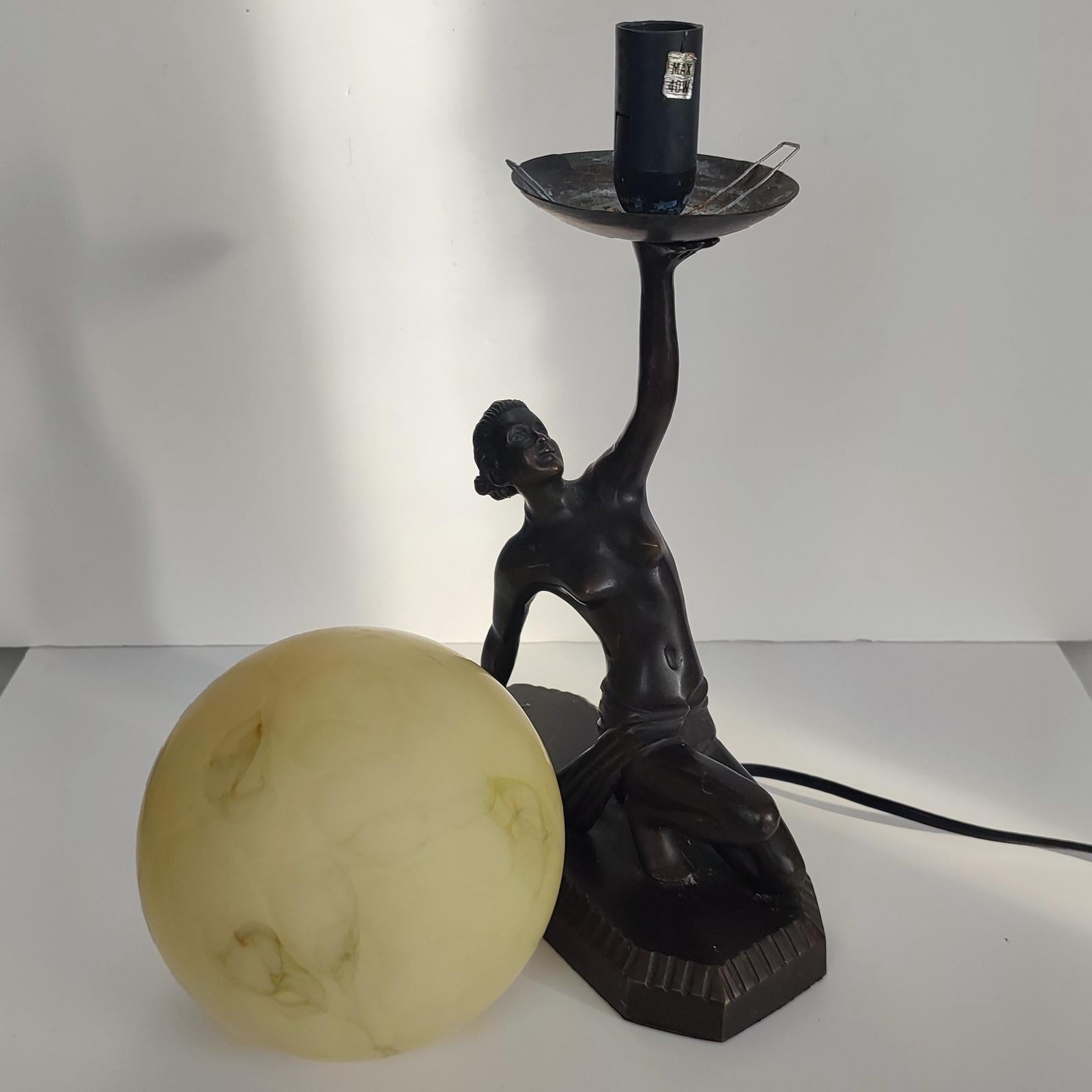 Art Deco Bronze Figural Table Lamp, Dancer with Ball, in the Style of Lorenzl For Sale 6