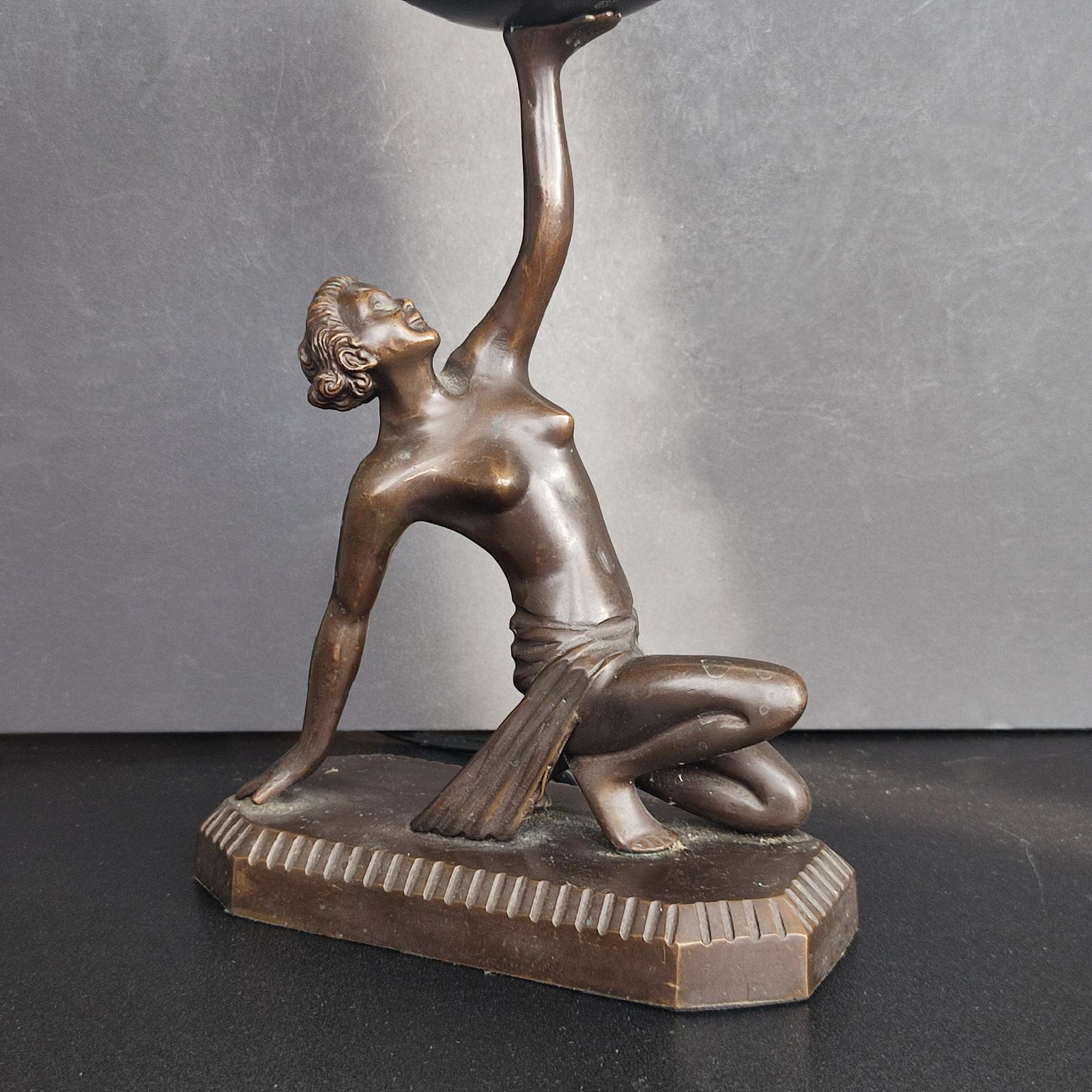 20th Century Art Deco Bronze Figural Table Lamp, Dancer with Ball, in the Style of Lorenzl For Sale