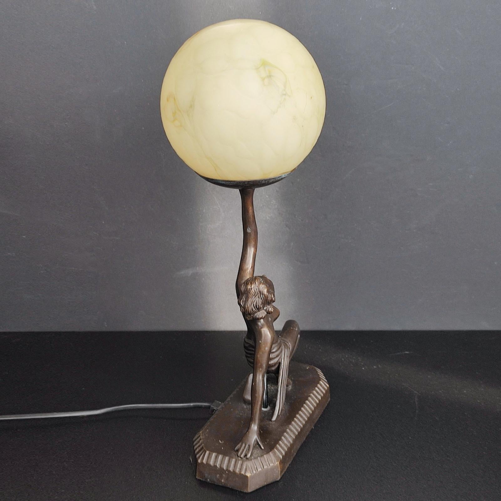 Art Deco Bronze Figural Table Lamp, Dancer with Ball, in the Style of Lorenzl For Sale 3