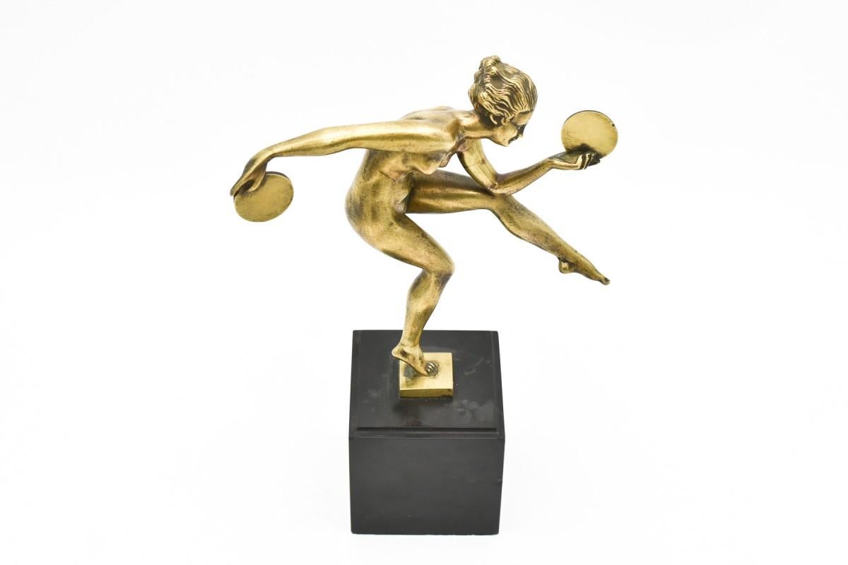 Bronze Figure de danseuse disque Art déco, Alexandre-Joseph Derenne, 1930. en vente