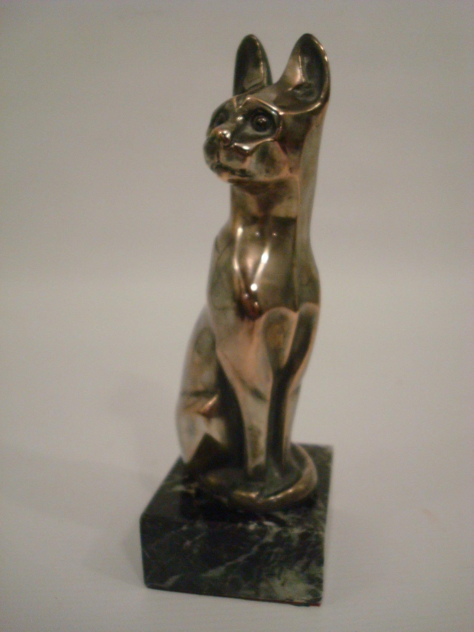 Silvered Art Deco Bronze Figure of a Cat 'Chat De Siam Assis' by Edouard M. Sandoz For Sale