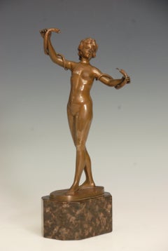 Art Deco Bronze Figure of a Nude Snake Charmer by Wilhelm Warmuth, 1900-1930