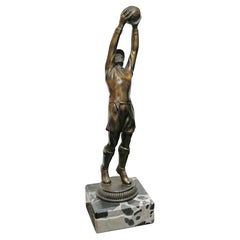 Art Deco Bronze Figure on portoro marble base, Soccer Goalkeeper, France, 1930s