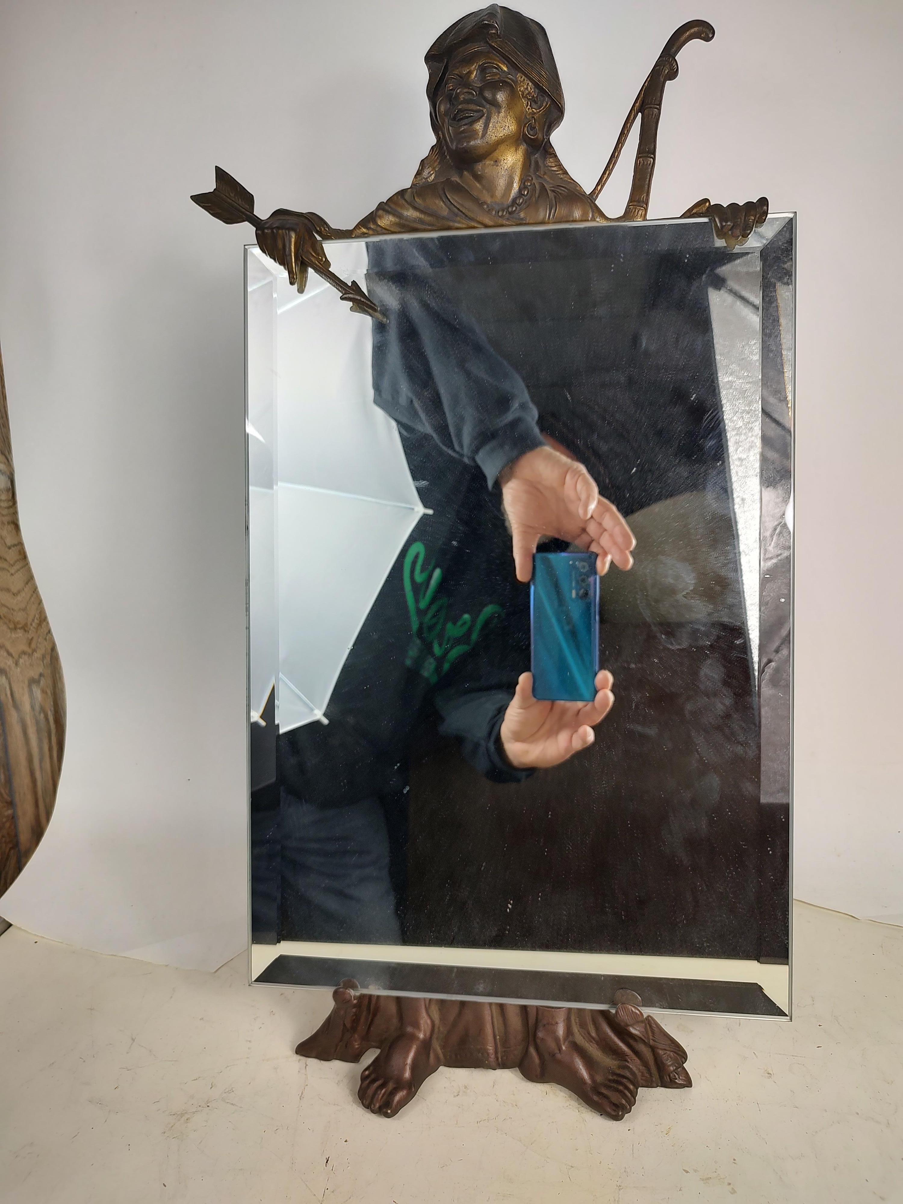 Art Deco Bronze Figure with Bow & Arrow Dresser - Vanity Beveled Mirror  For Sale 2