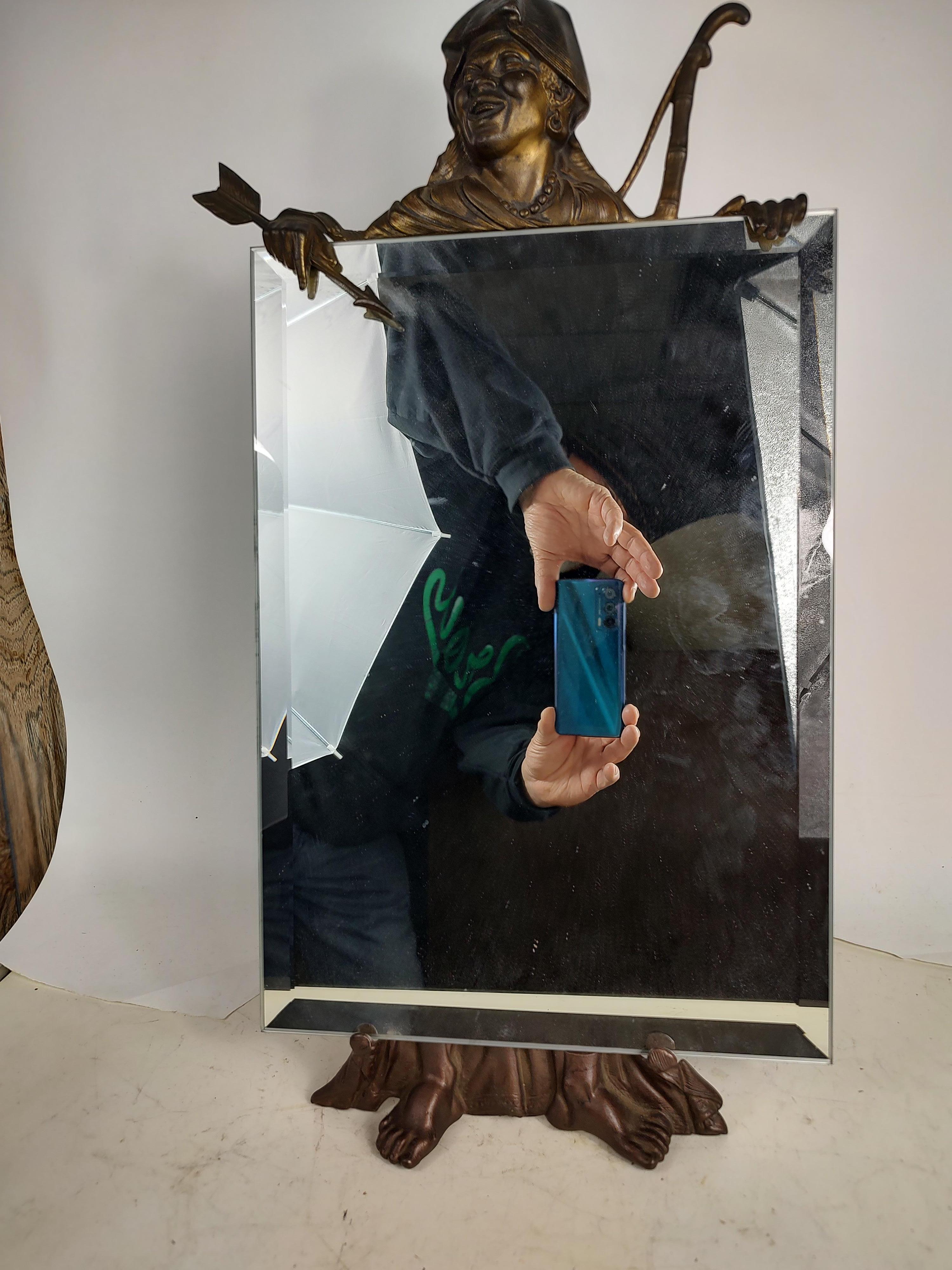 Art Deco Bronze Figure with Bow & Arrow Dresser - Vanity Beveled Mirror  For Sale 3