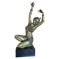 Art Deco Bronze Flapper Girl Statue on Marble by Affortunato Gory
