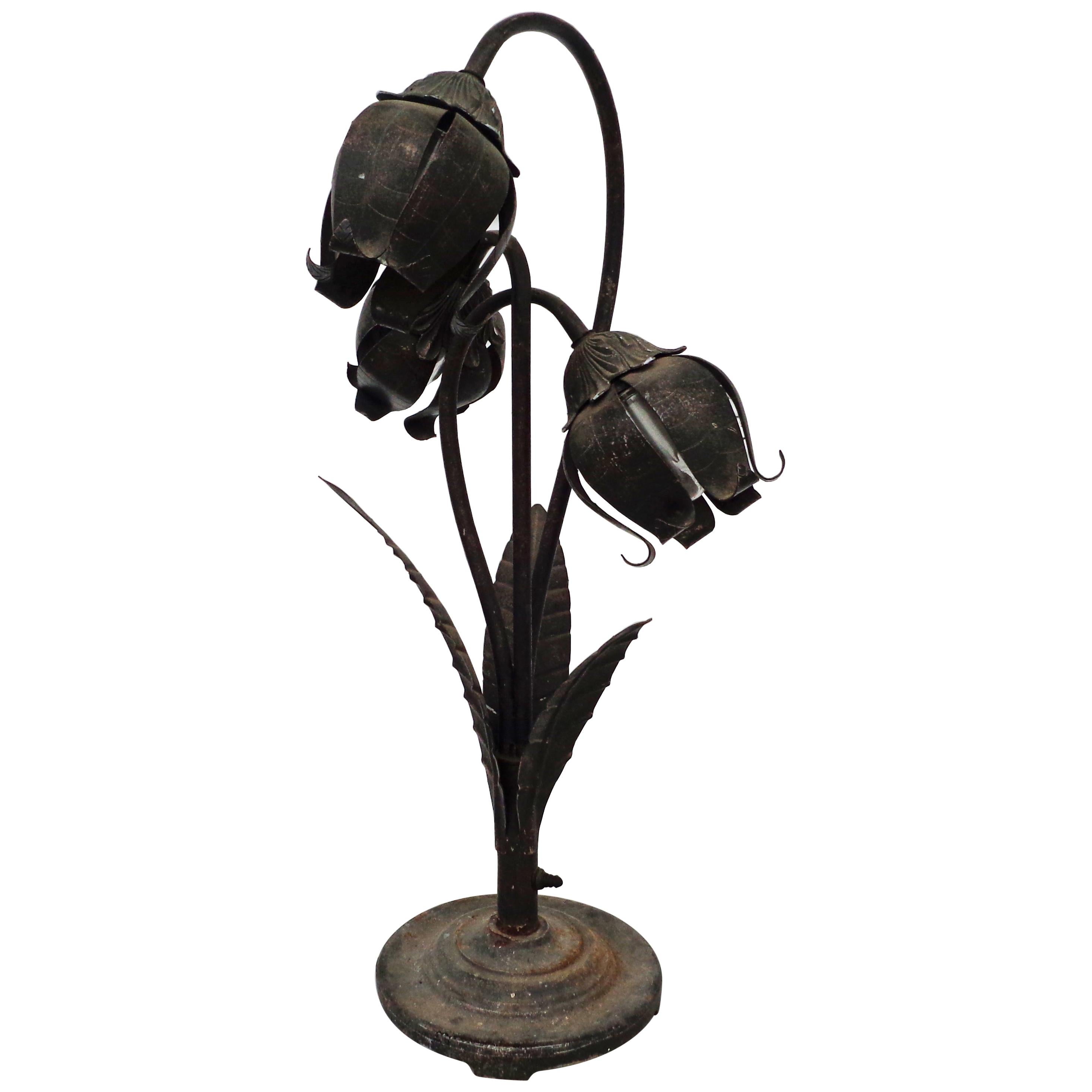 3FT Art Deco Solid Bronze Floral Sculptural Table Lamp