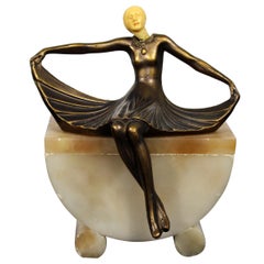 Art Deco Bronze Girl Figure on Marble Box Table Sculpture