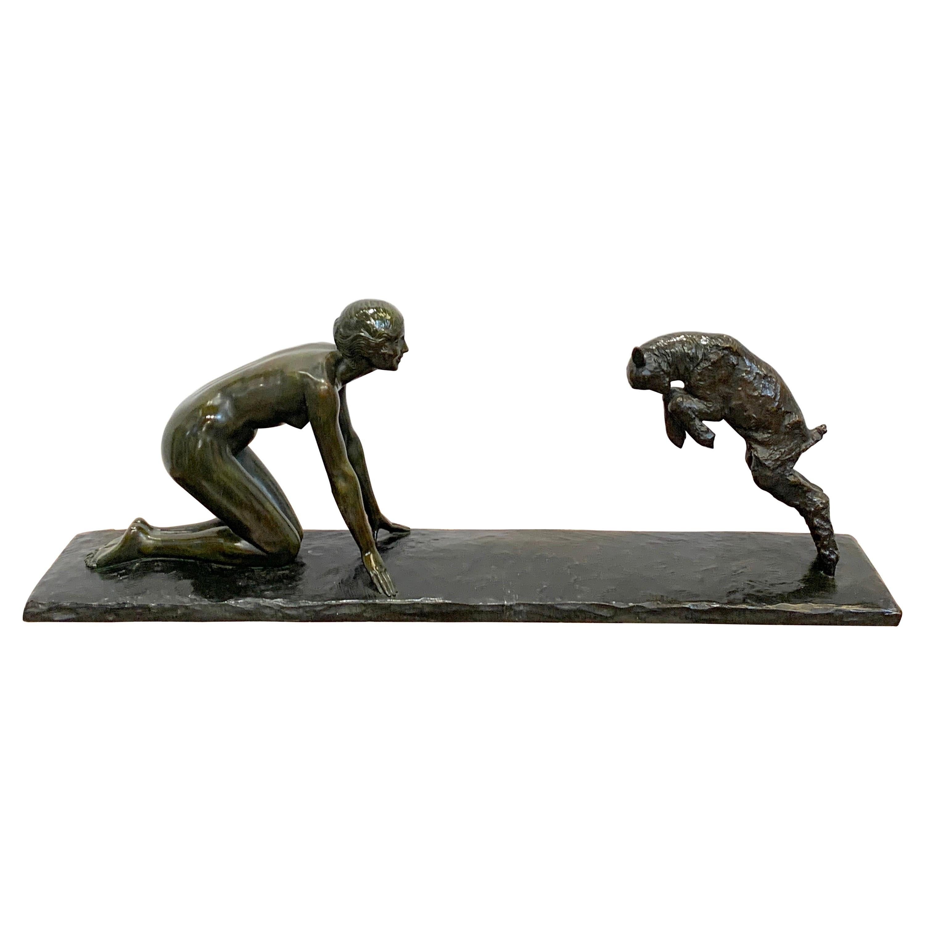 Art Deco Bronze 'Girl with Jumping Goat' by Paul Silvestre, Susse Freres Foundry For Sale