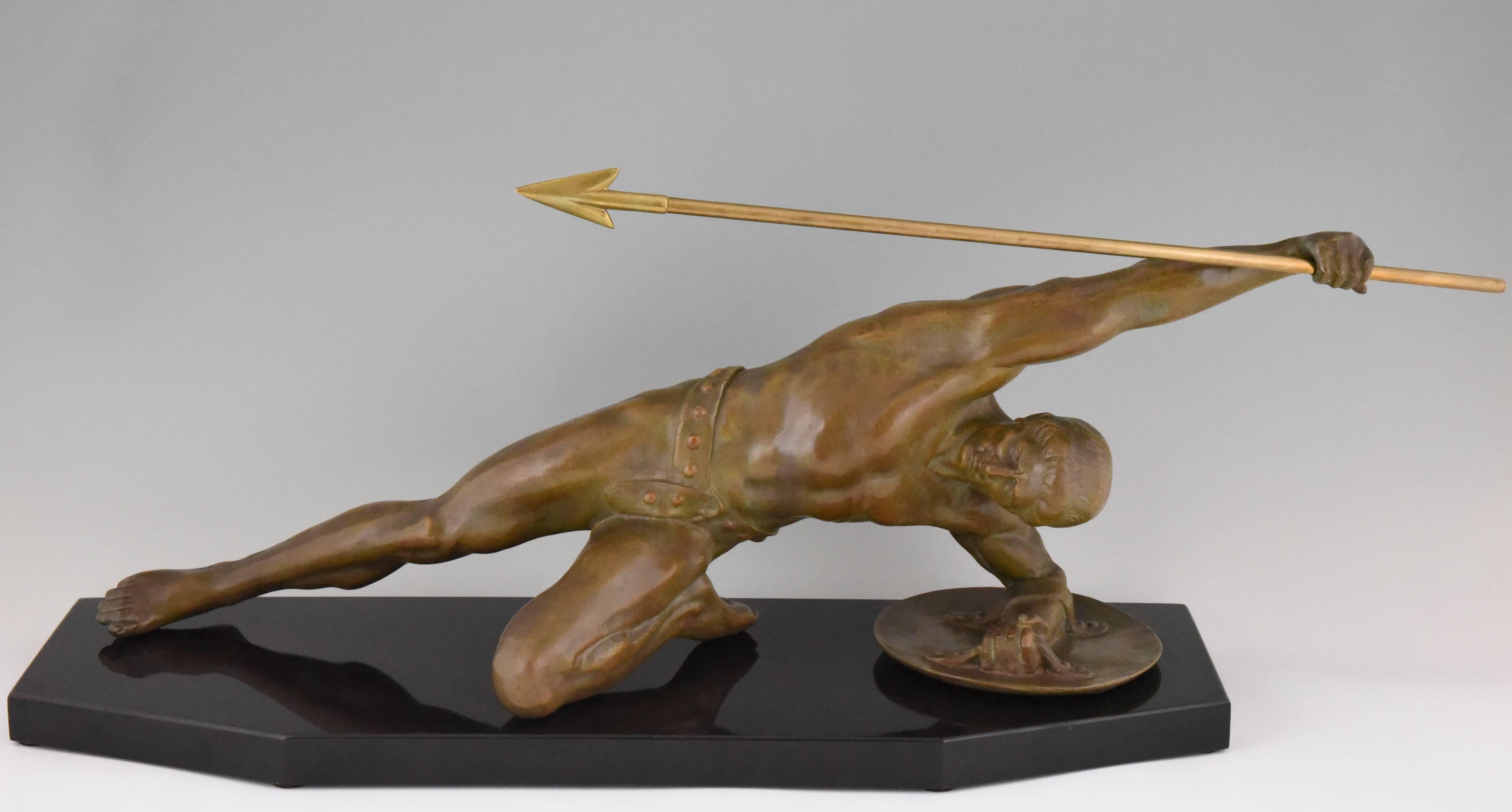 Impressive Art Deco bronze of a gladiator with spear and shield.
Artist/ Maker: Desire Grisard
Signature/ Marks: Grisard. Bronze.
Style: Art Deco.
Date: 1925.
Material: Patinated bronze. Belgian black marble base.
Origin: France
Condition: Very good