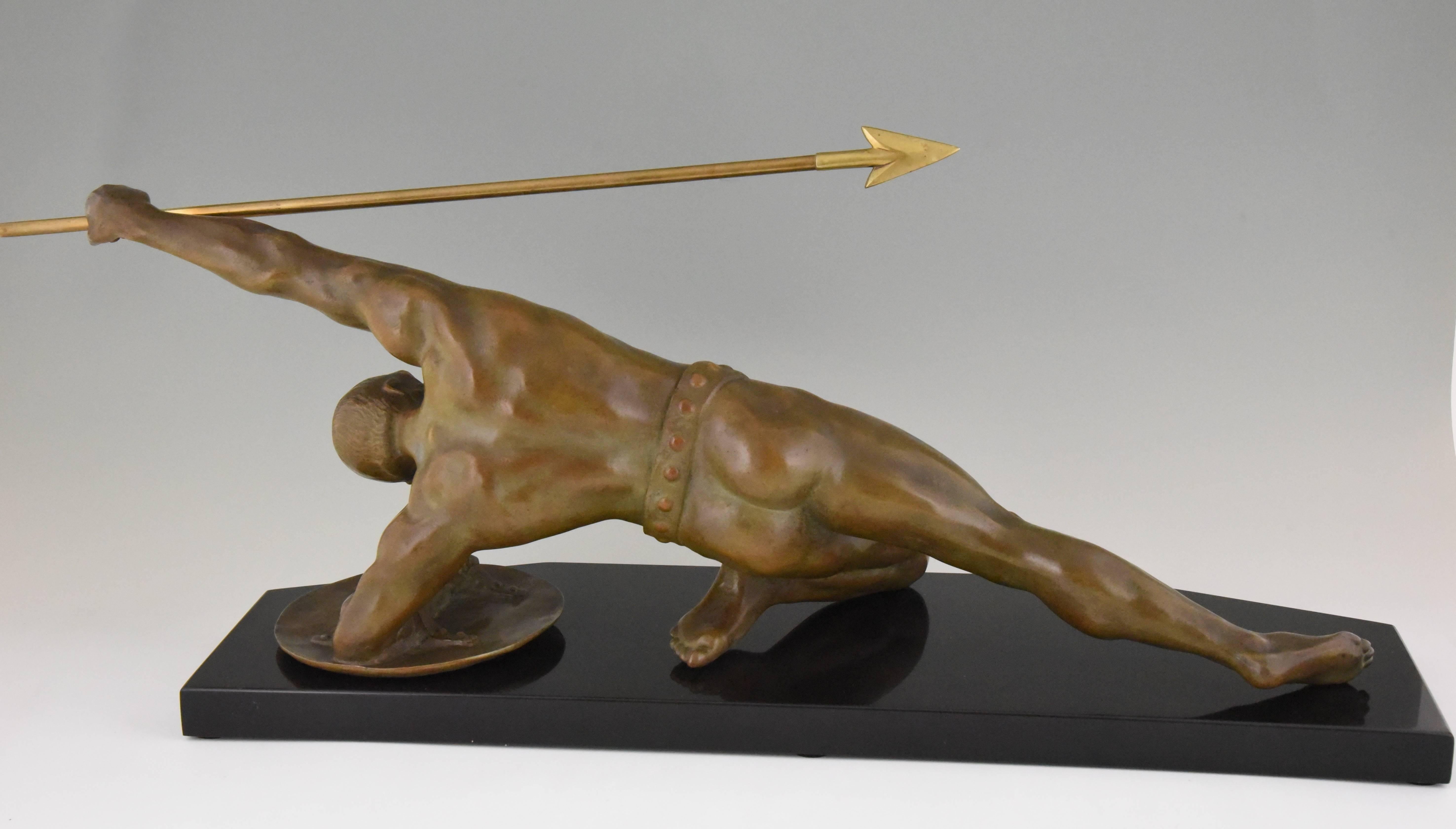 French Art Deco Bronze Gladiator with Spear and Shield Desire Grisard France 1925