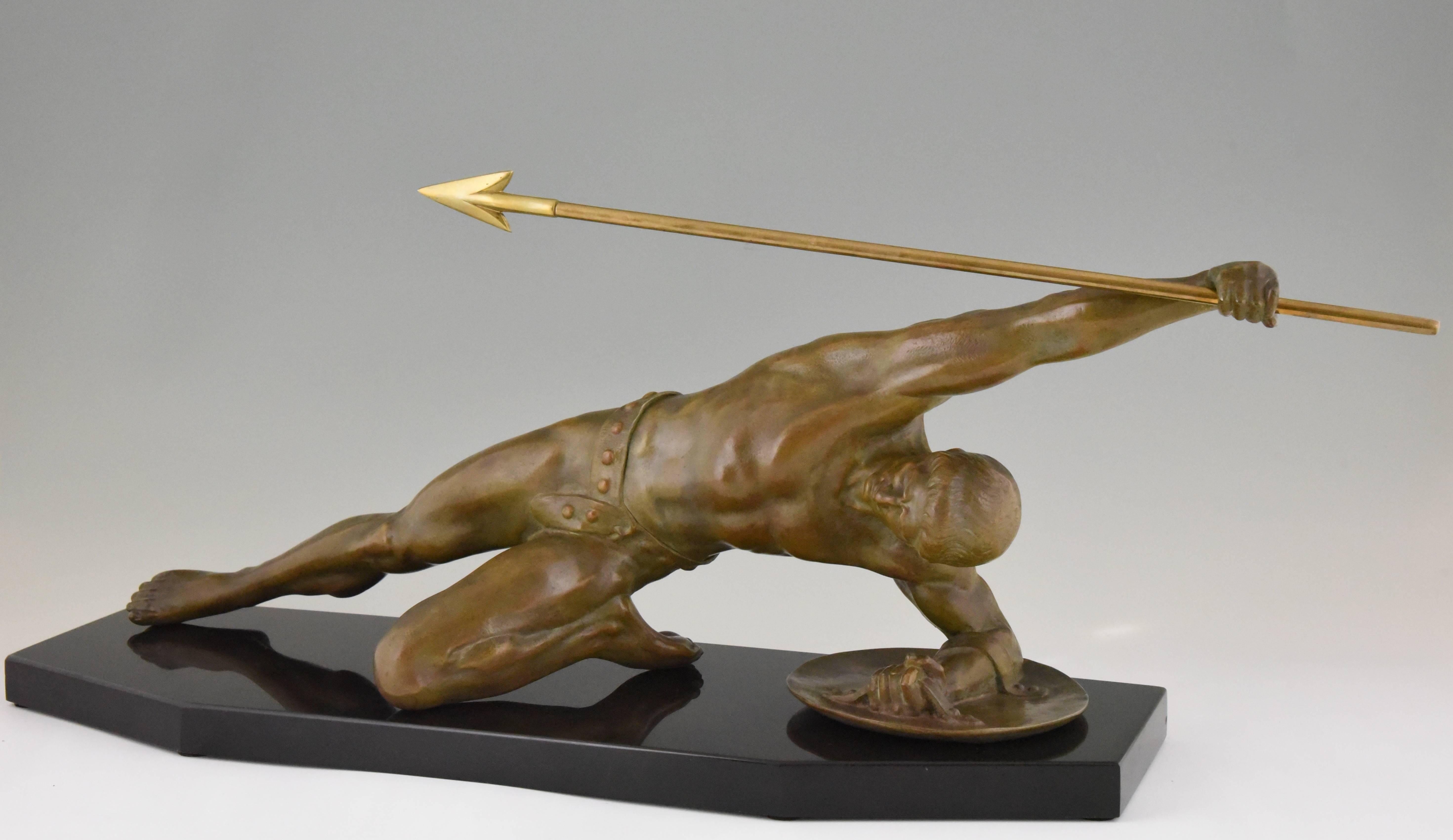 20th Century Art Deco Bronze Gladiator with Spear and Shield Desire Grisard France 1925