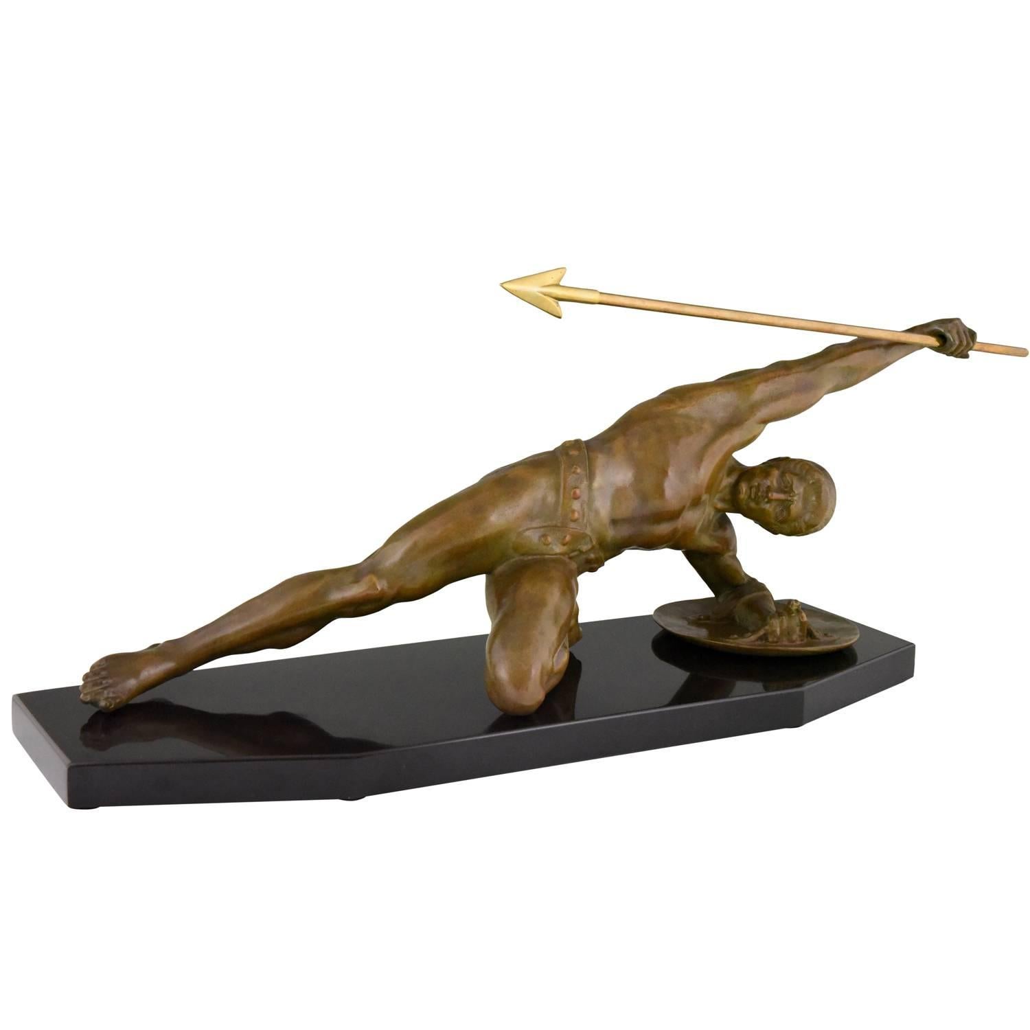 Art Deco Bronze Gladiator with Spear and Shield Desire Grisard France 1925