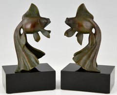Art déco-Buchstützen aus Bronze mit Goldfisch von Georges Garreau, Frankreich 1930
