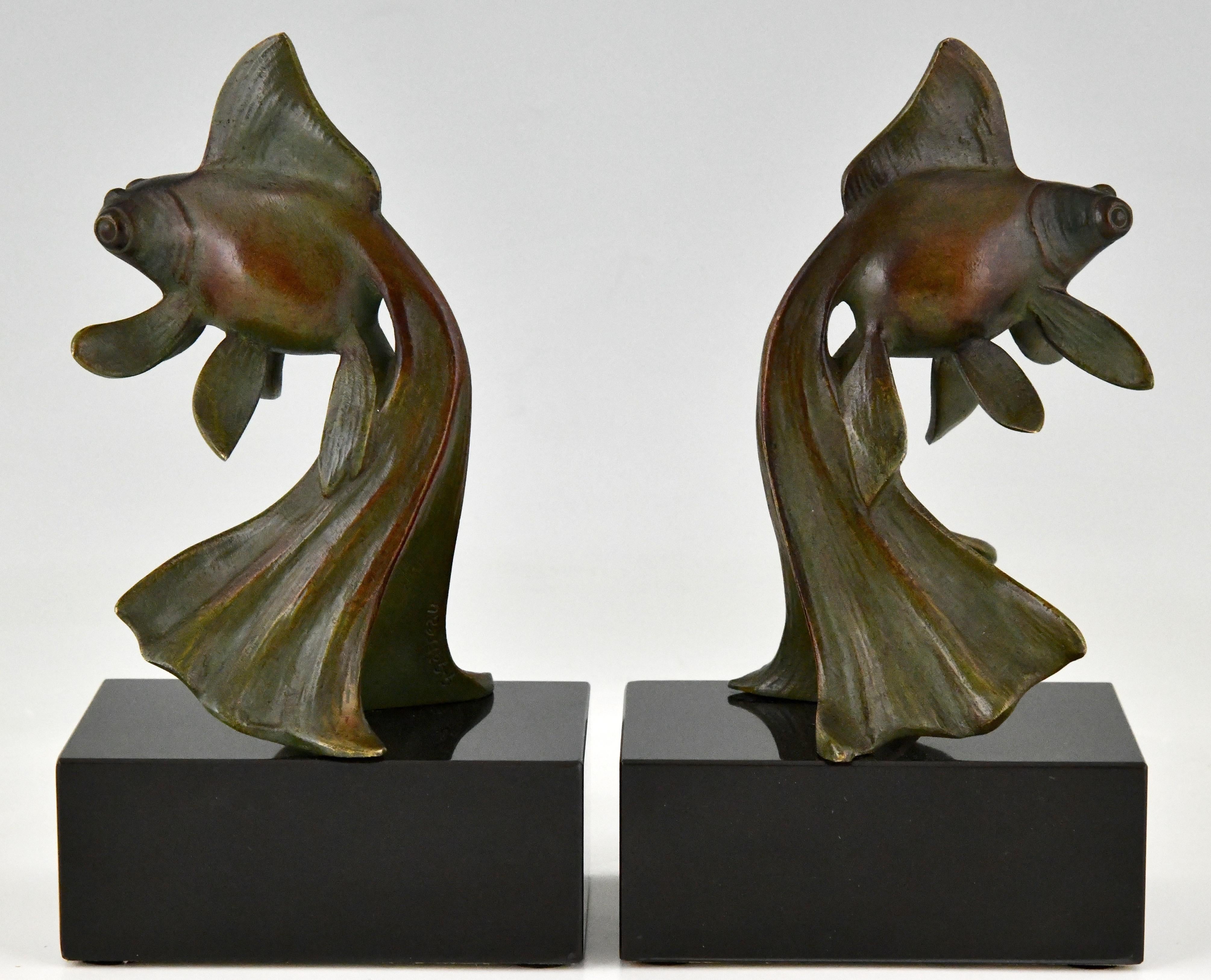 Patinated Art Deco Bronze Goldfish Bookends by Georges Garreau France 1930