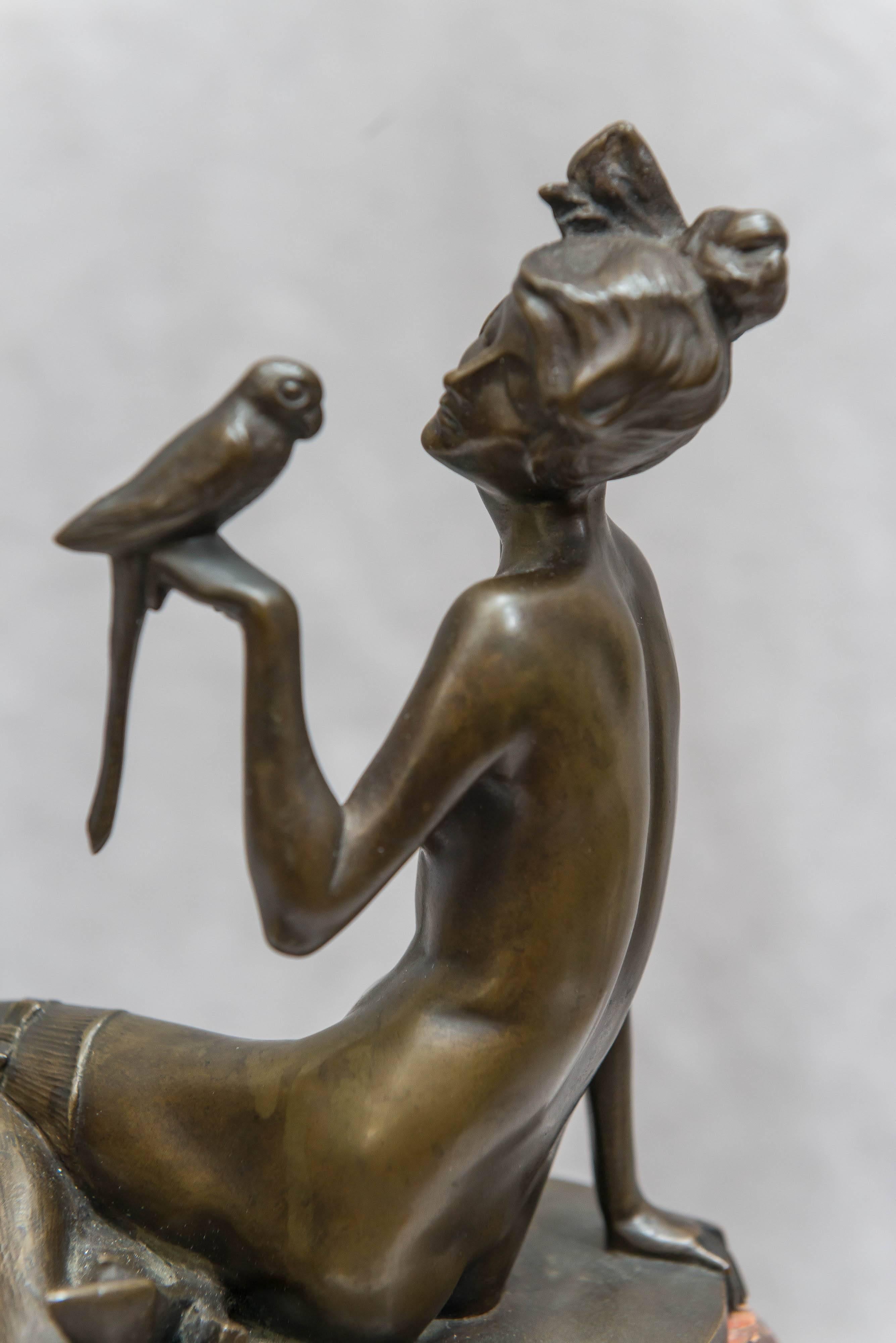 Art Deco Bronze Group of a Nude Woman Holding a Parrot, Red Marble Base 2