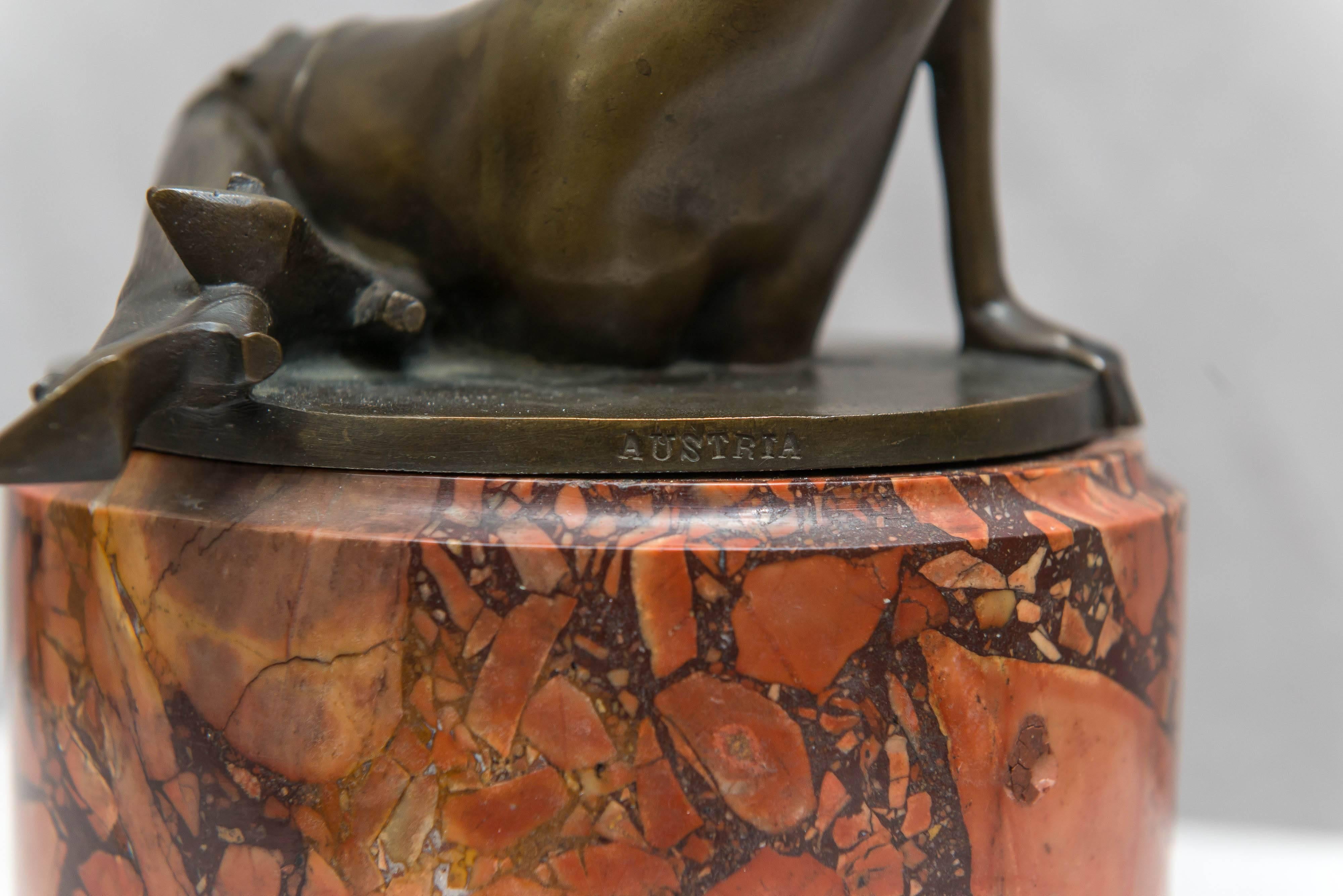 Art Deco Bronze Group of a Nude Woman Holding a Parrot, Red Marble Base 3