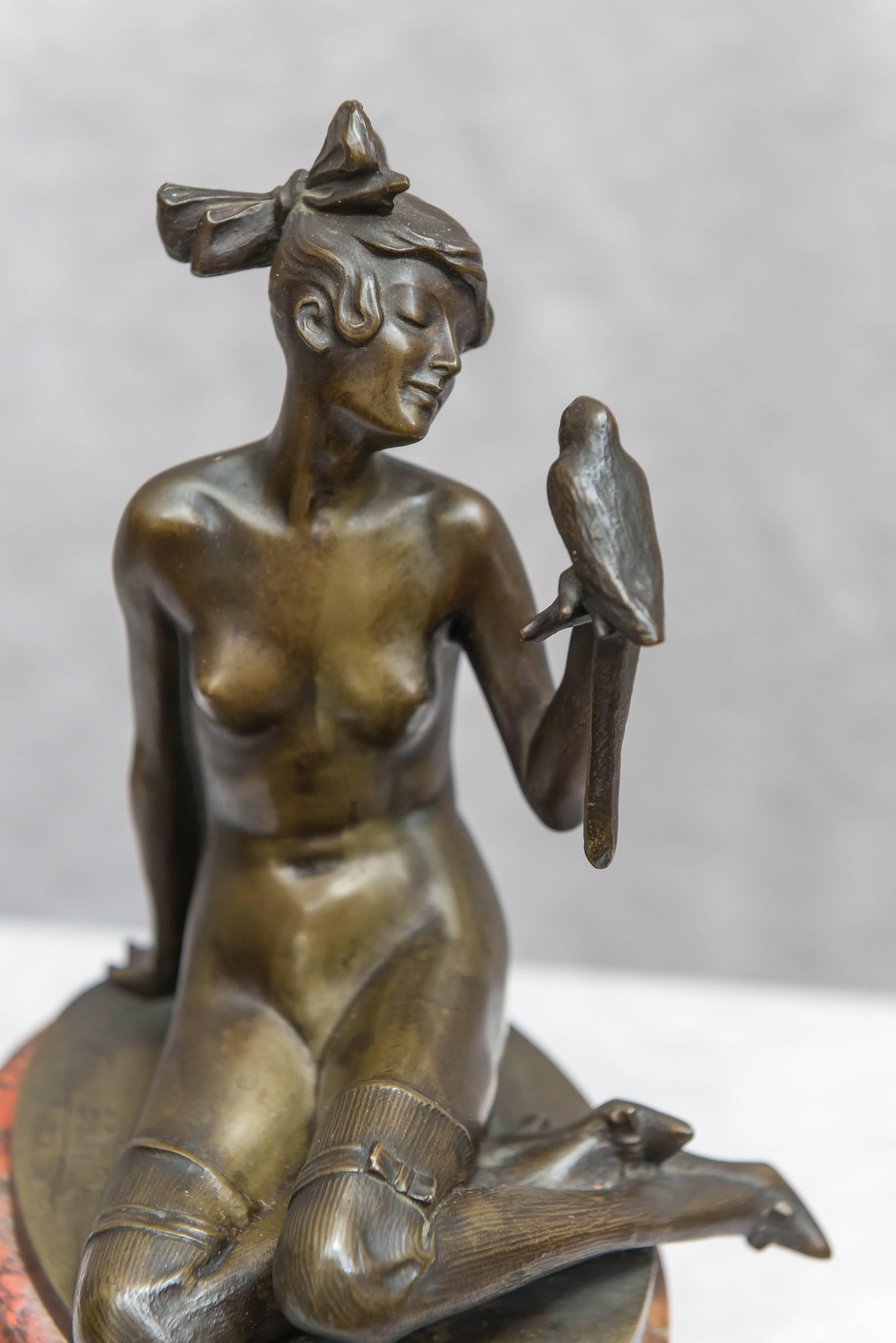 Art Deco Bronze Group of a Nude Woman Holding a Parrot, Red Marble Base 5