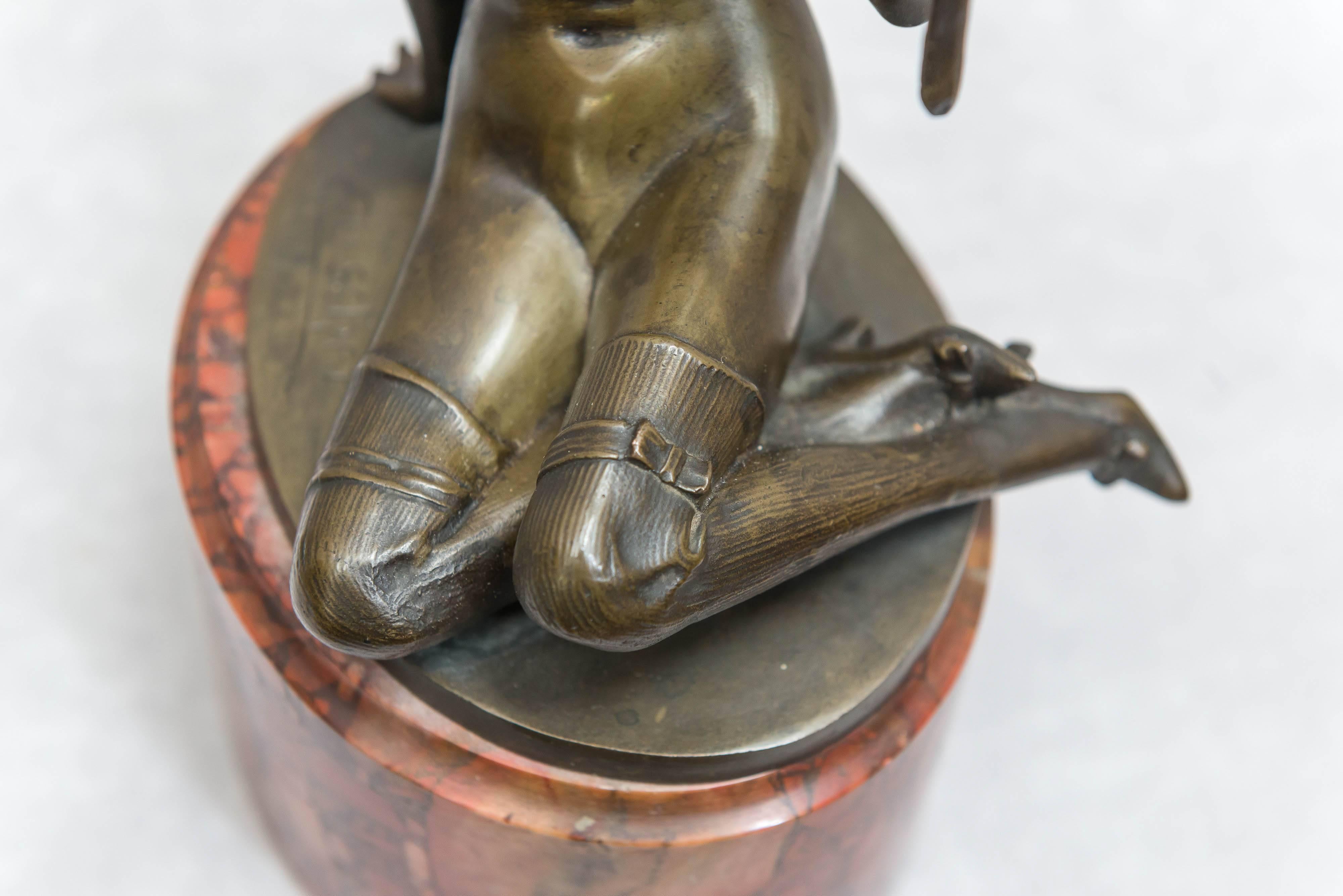 Art Deco Bronze Group of a Nude Woman Holding a Parrot, Red Marble Base 6