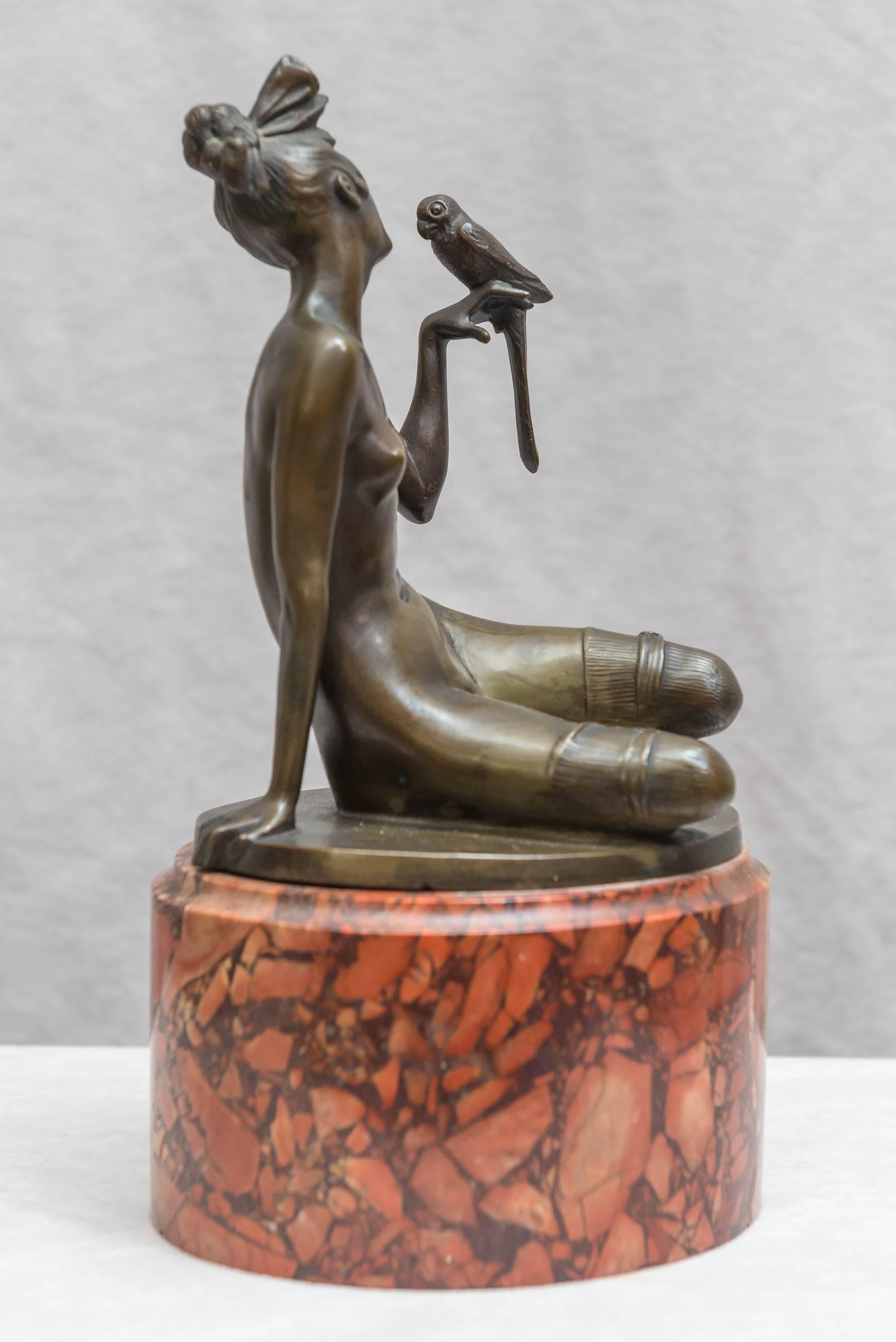 Austrian Art Deco Bronze Group of a Nude Woman Holding a Parrot, Red Marble Base