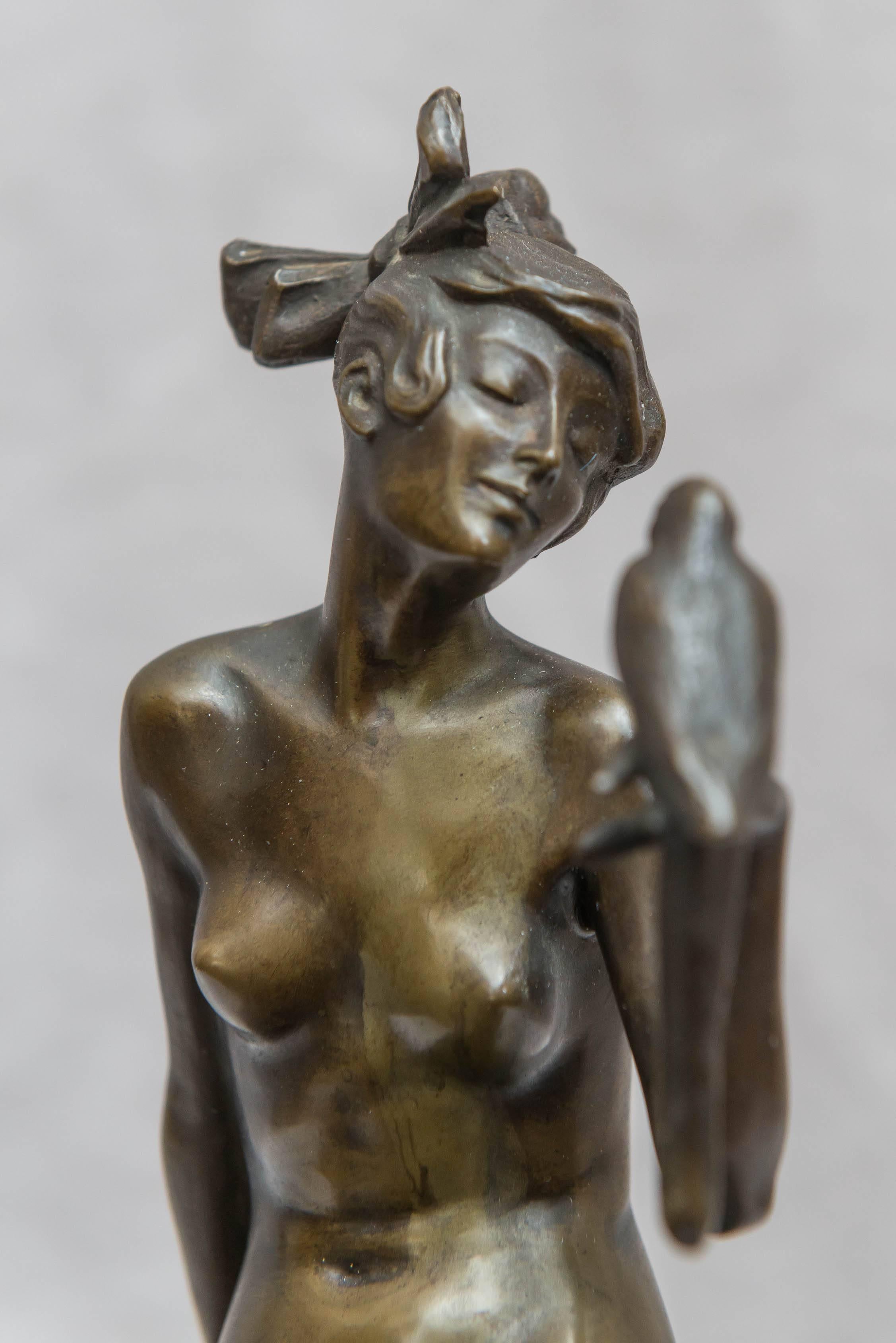 Art Deco Bronze Group of a Nude Woman Holding a Parrot, Red Marble Base In Excellent Condition In Petaluma, CA