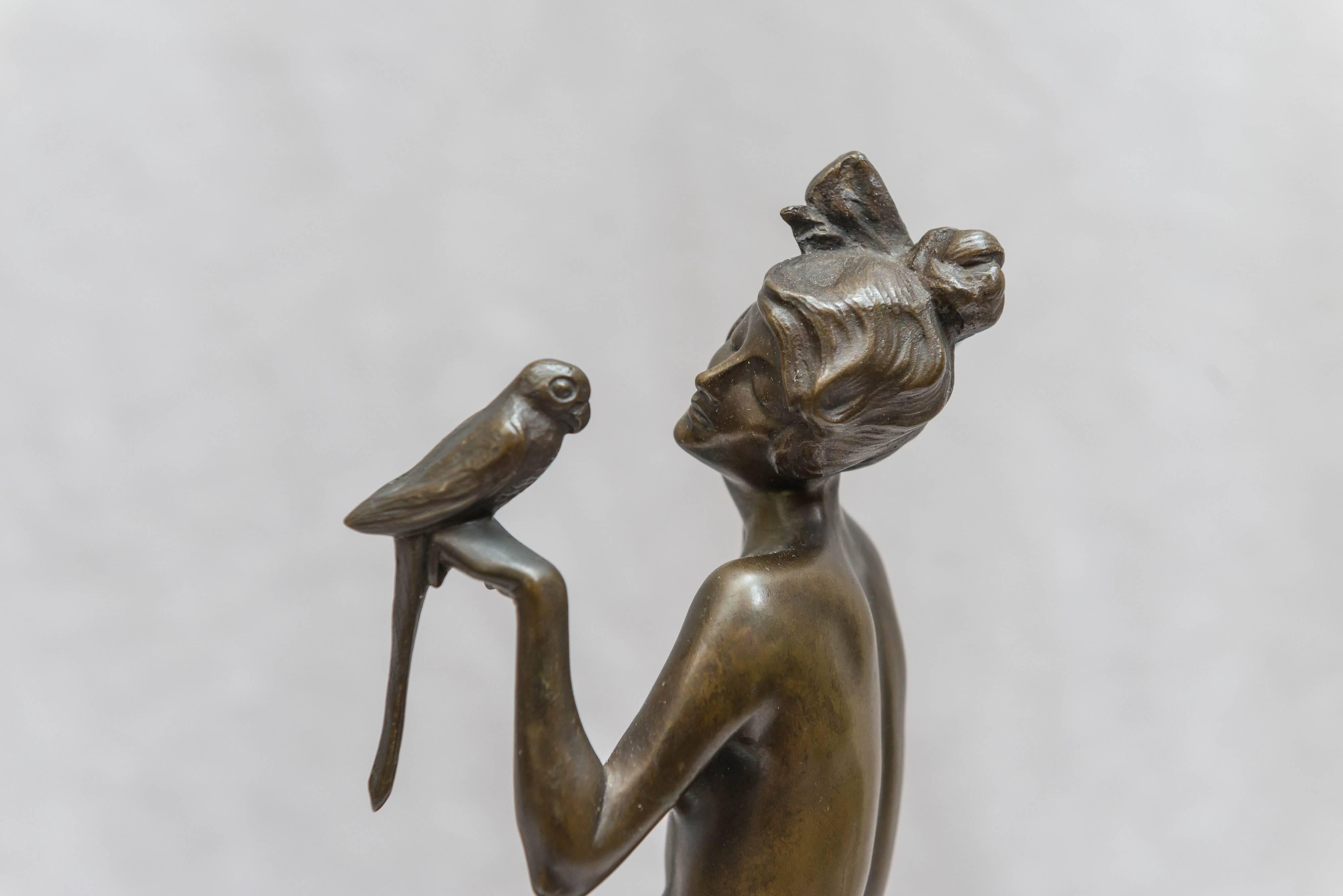 Art Deco Bronze Group of a Nude Woman Holding a Parrot, Red Marble Base 1