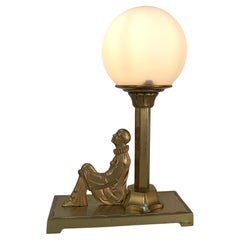 Art Deco Bronze Harlequin and Glass Shade Table Lamp