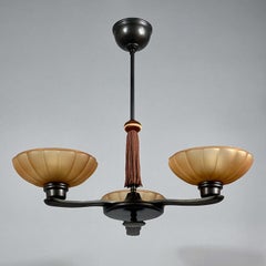 Art Deco Bronze & Havanna Glass Chandelier, Böhlmarks, Sweden 1930s