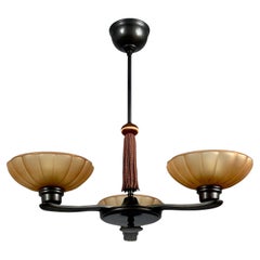 Art Deco Bronze & Havanna Glass Chandelier, Böhlmarks, Sweden 1930s