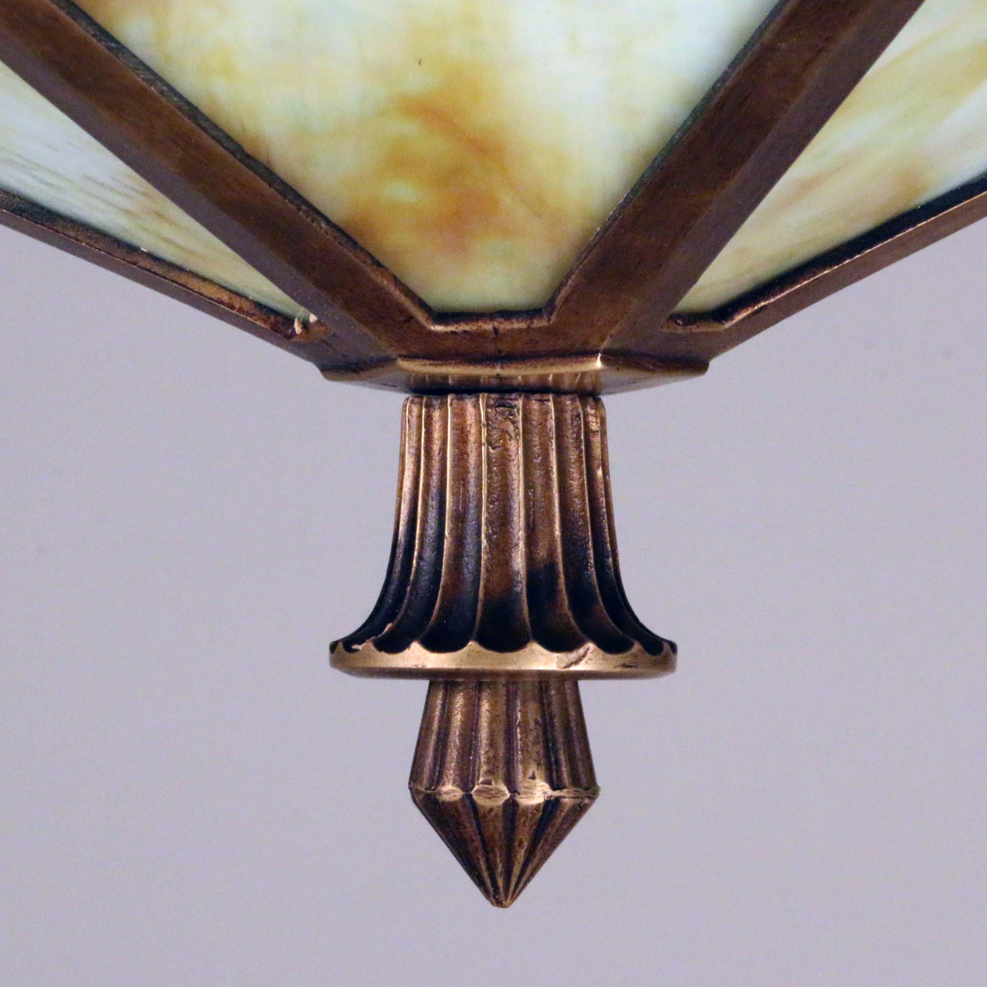 Cast Art Deco Bronze Hexagonal Flush Mounted Lantern
