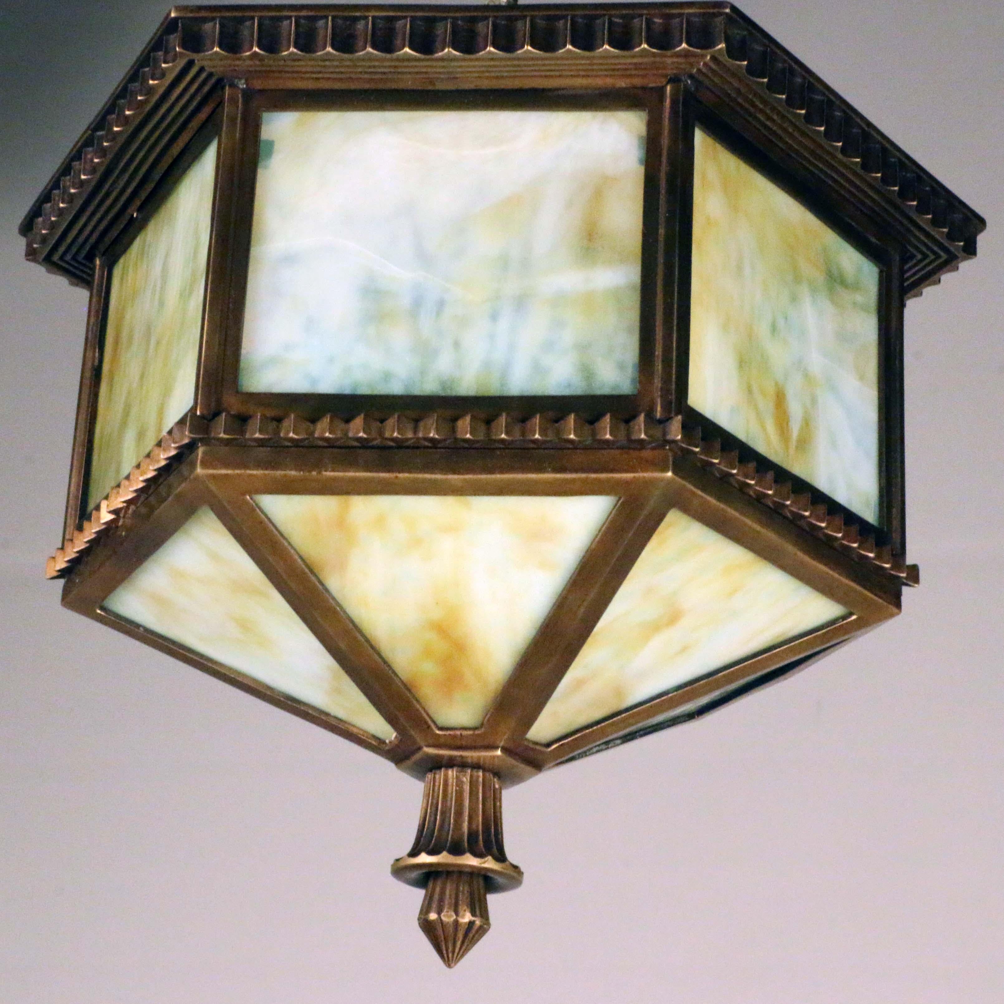 Art Deco Bronze Hexagonal Flush Mounted Lantern In Good Condition In Montreal, QC