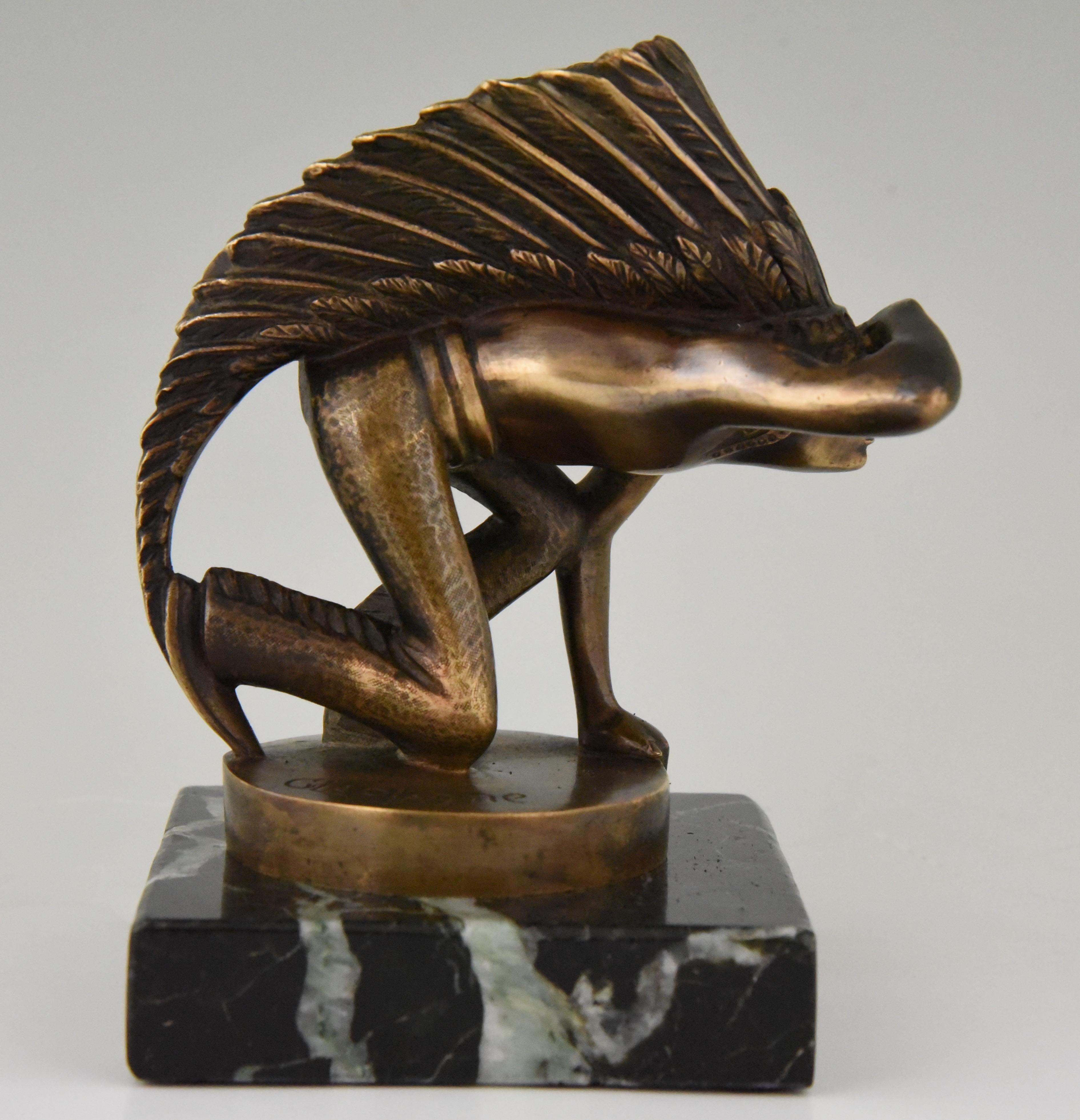 Mascotte de voiture de vigie indienne en bronze Art Déco Guillaume Laplagne:: 1930 Bon état à Antwerp, BE