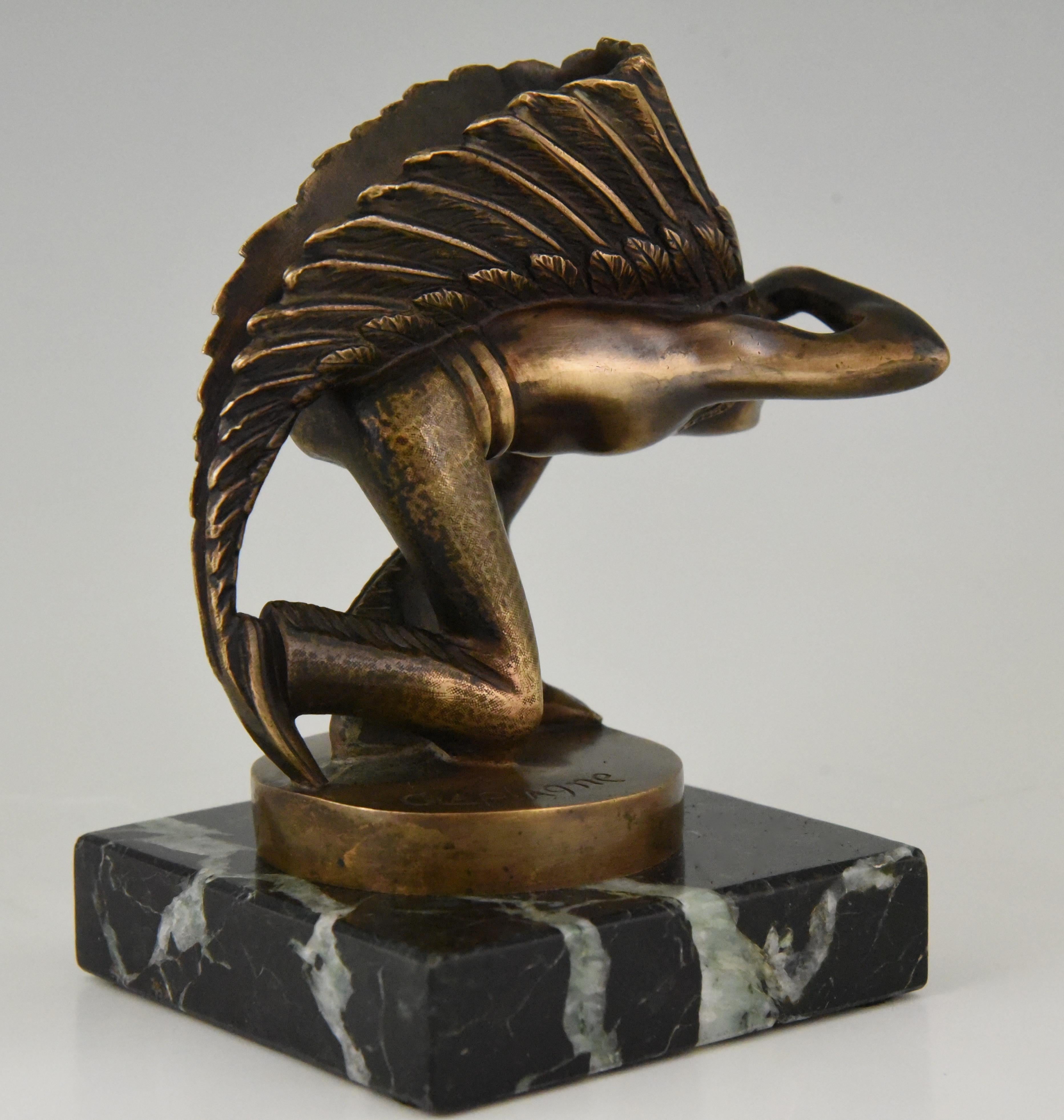 Milieu du XXe siècle Mascotte de voiture de vigie indienne en bronze Art Déco Guillaume Laplagne:: 1930