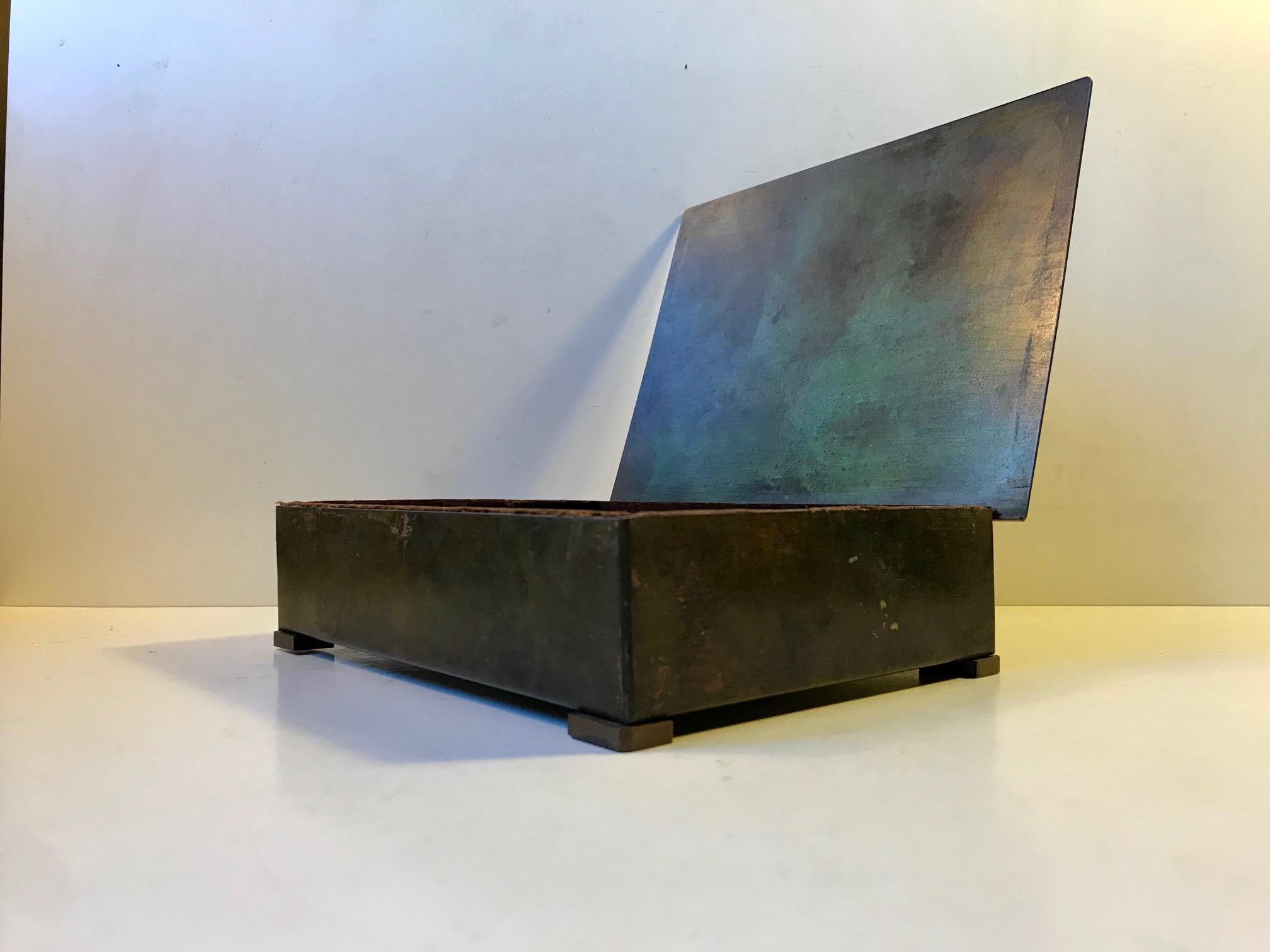 - Art Deco Jewelry box
- Strict and clean architectural lines - no motif
- It was designed by Holger Fridericias for his own company HF 
- Produced in Denmark during the 1930s.
- Made of verdigris treated bronze.
- Lined with brown velour -