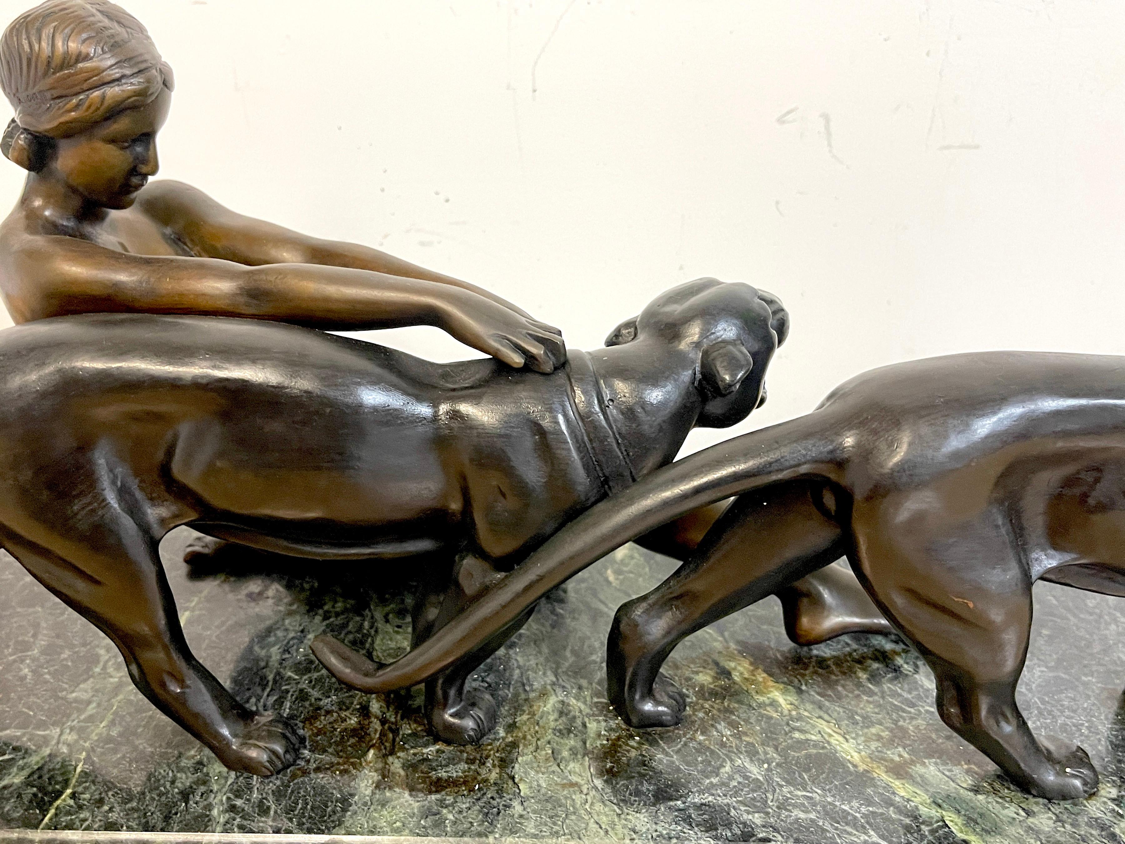 Art Deco Bronze Lady with Two Panthers, by Alexandre Ouline 3