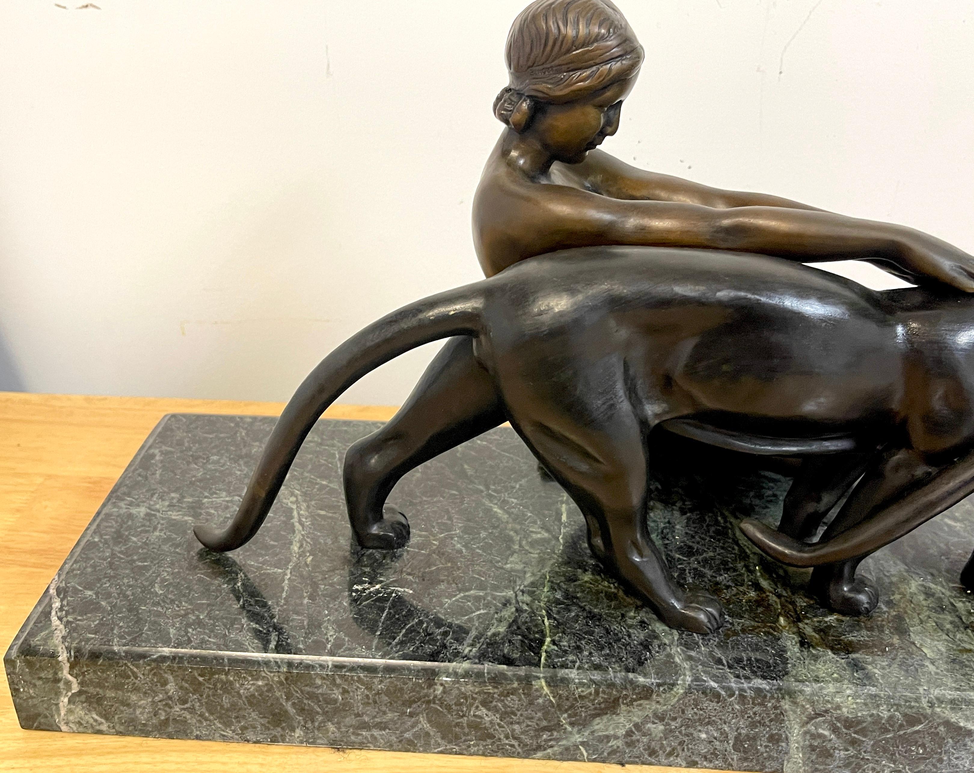 Art Deco Bronze Lady with Two Panthers, by Alexandre Ouline 4