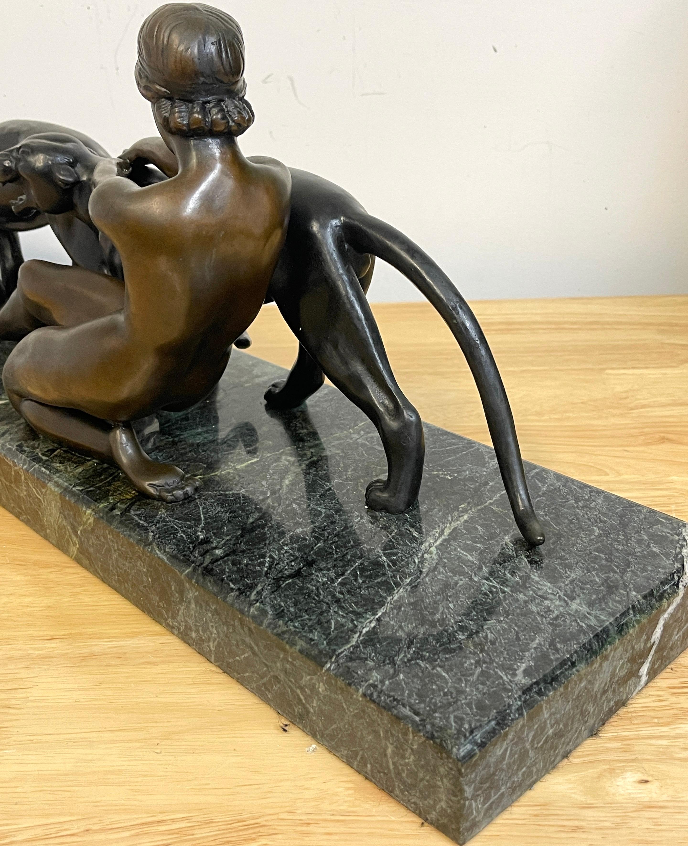 Art Deco Bronze Lady with Two Panthers, by Alexandre Ouline 6
