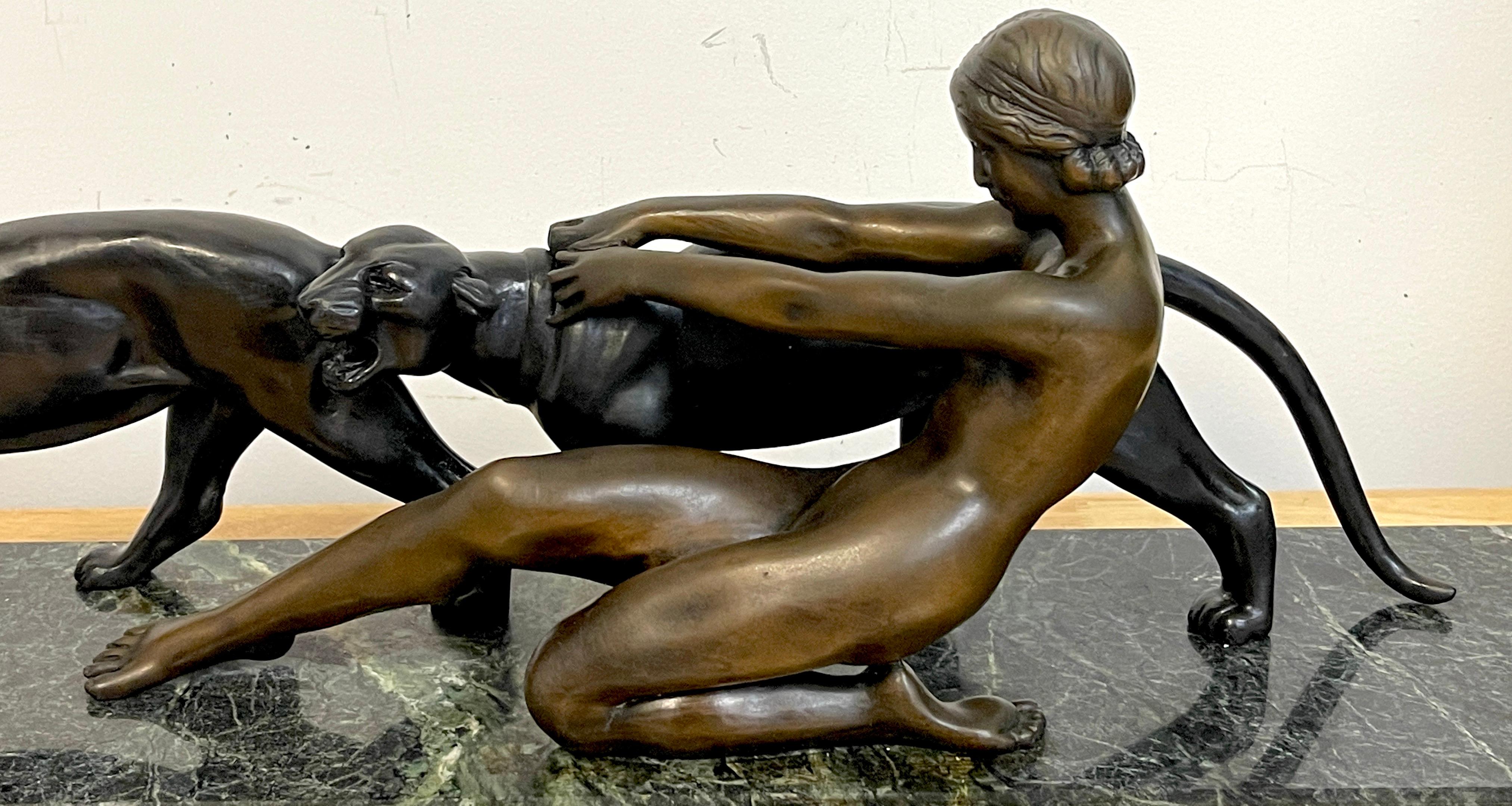 French Art Deco Bronze Lady with Two Panthers, by Alexandre Ouline