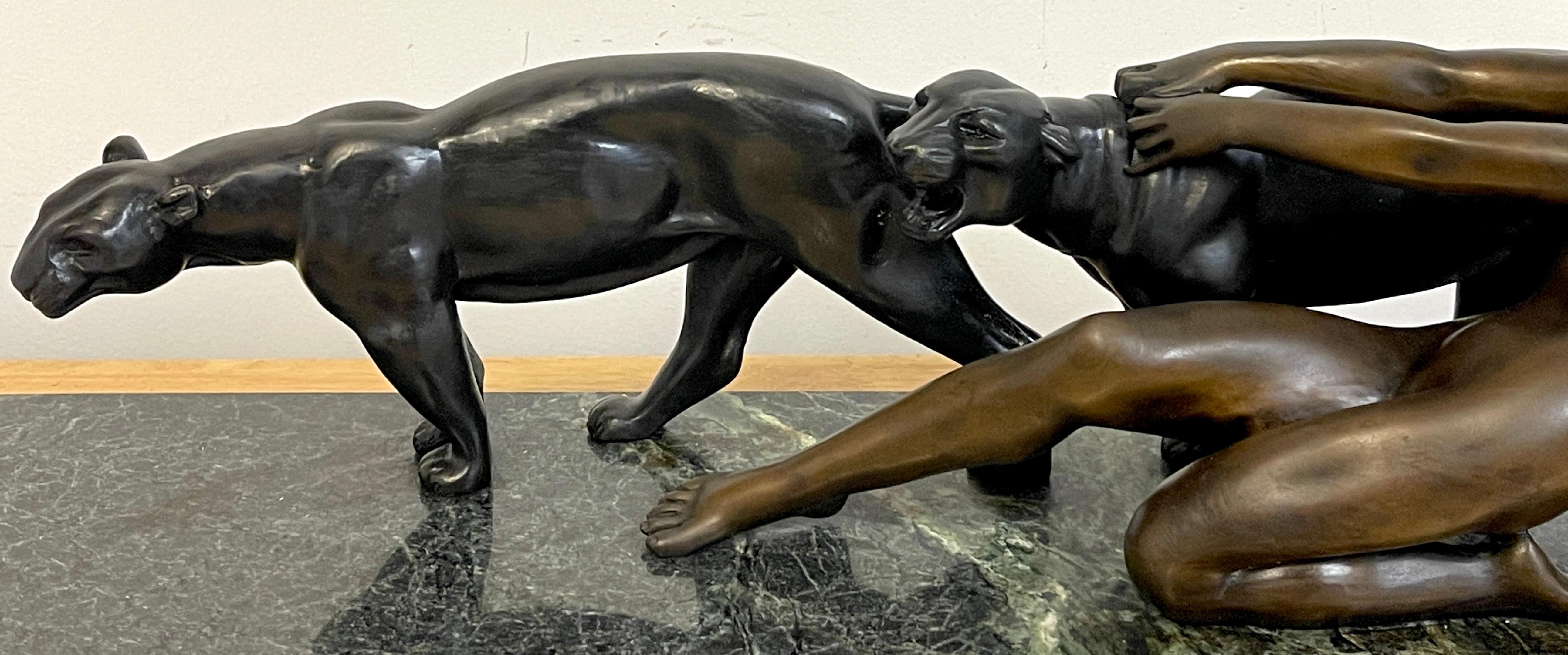 Patinated Art Deco Bronze Lady with Two Panthers, by Alexandre Ouline