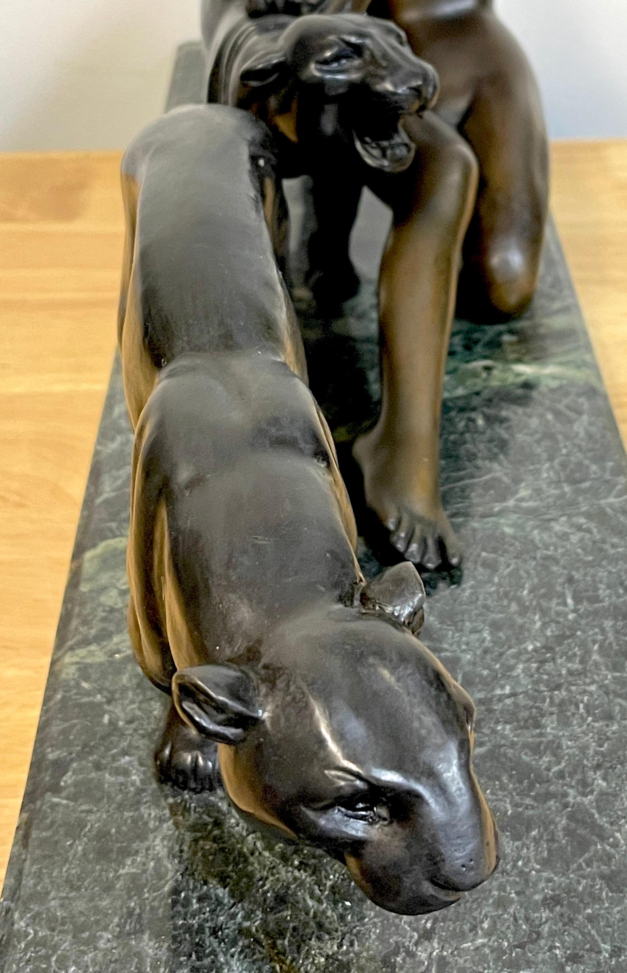 Art Deco Bronze Lady with Two Panthers, by Alexandre Ouline In Good Condition In West Palm Beach, FL