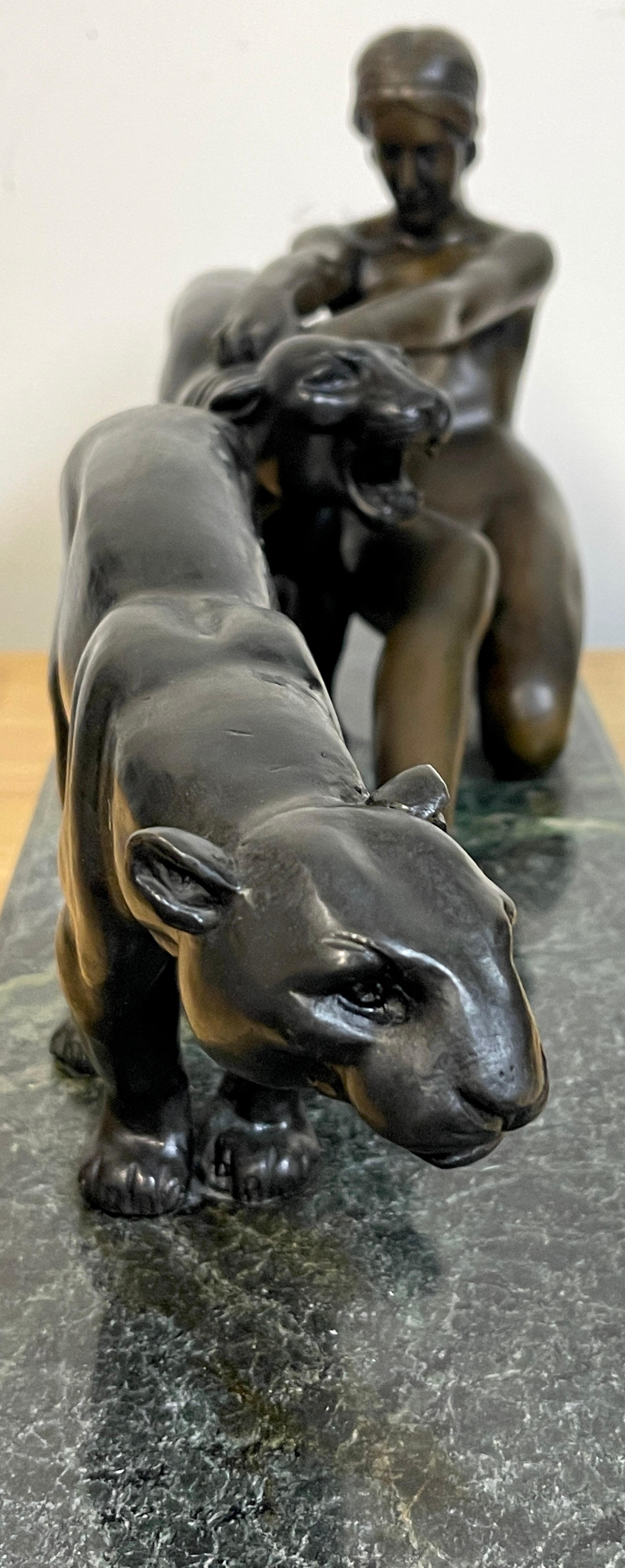 20th Century Art Deco Bronze Lady with Two Panthers, by Alexandre Ouline