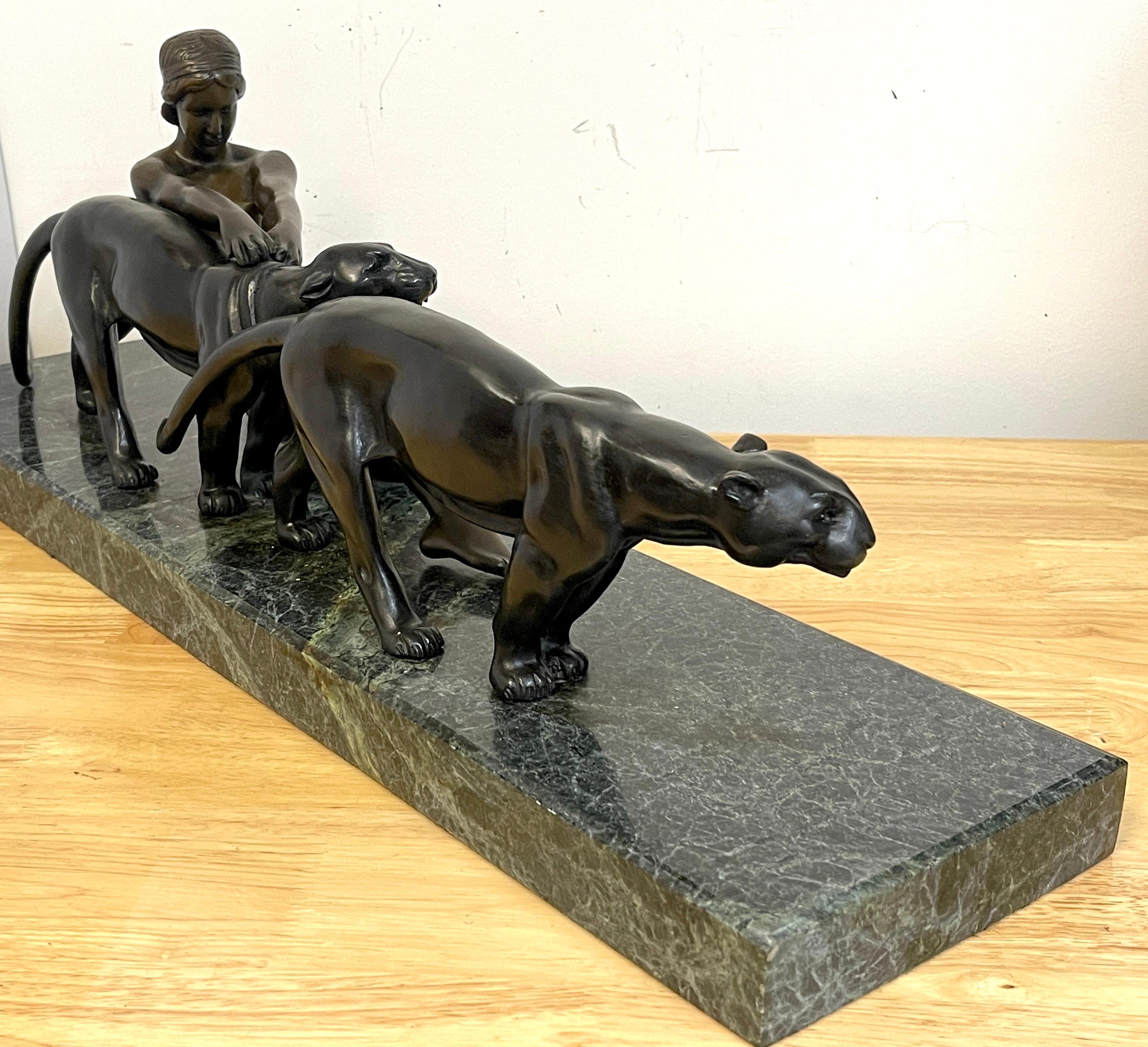 Marble Art Deco Bronze Lady with Two Panthers, by Alexandre Ouline