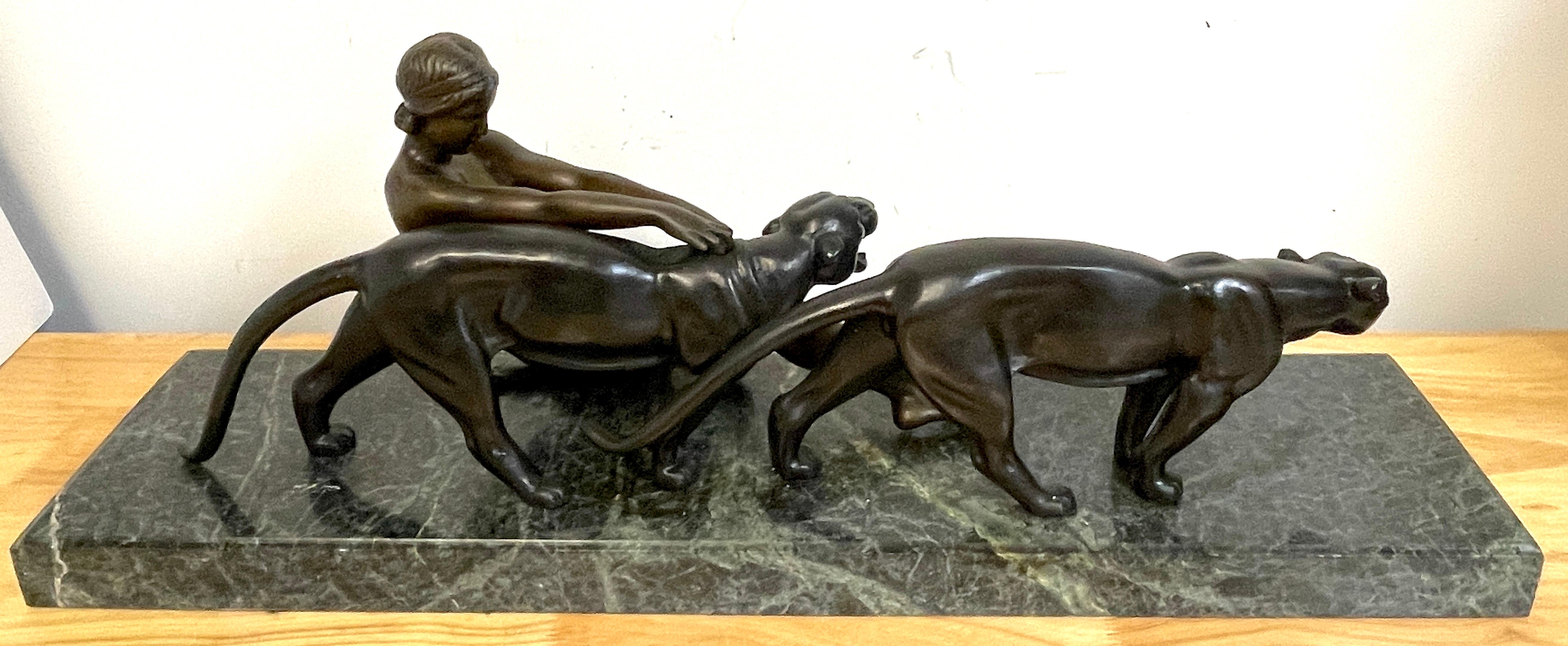 Art Deco Bronze Lady with Two Panthers, by Alexandre Ouline 1