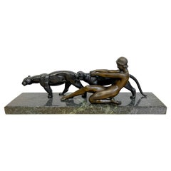 Art Deco Bronze Lady with Two Panthers, by Alexandre Ouline