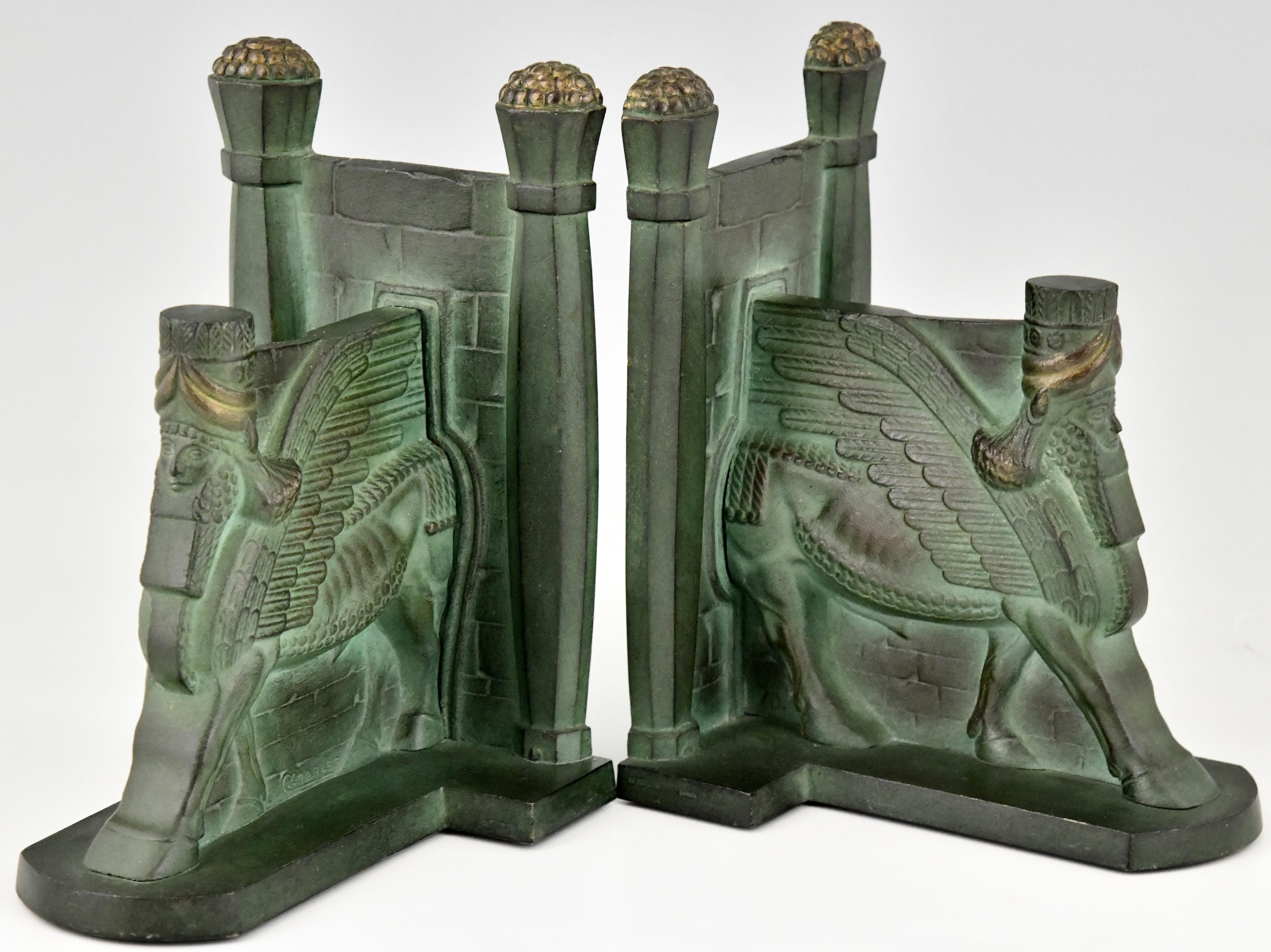 Art Deco Bronze Lamassu Winged Man Bull Bookends C. Charles, 1930 3