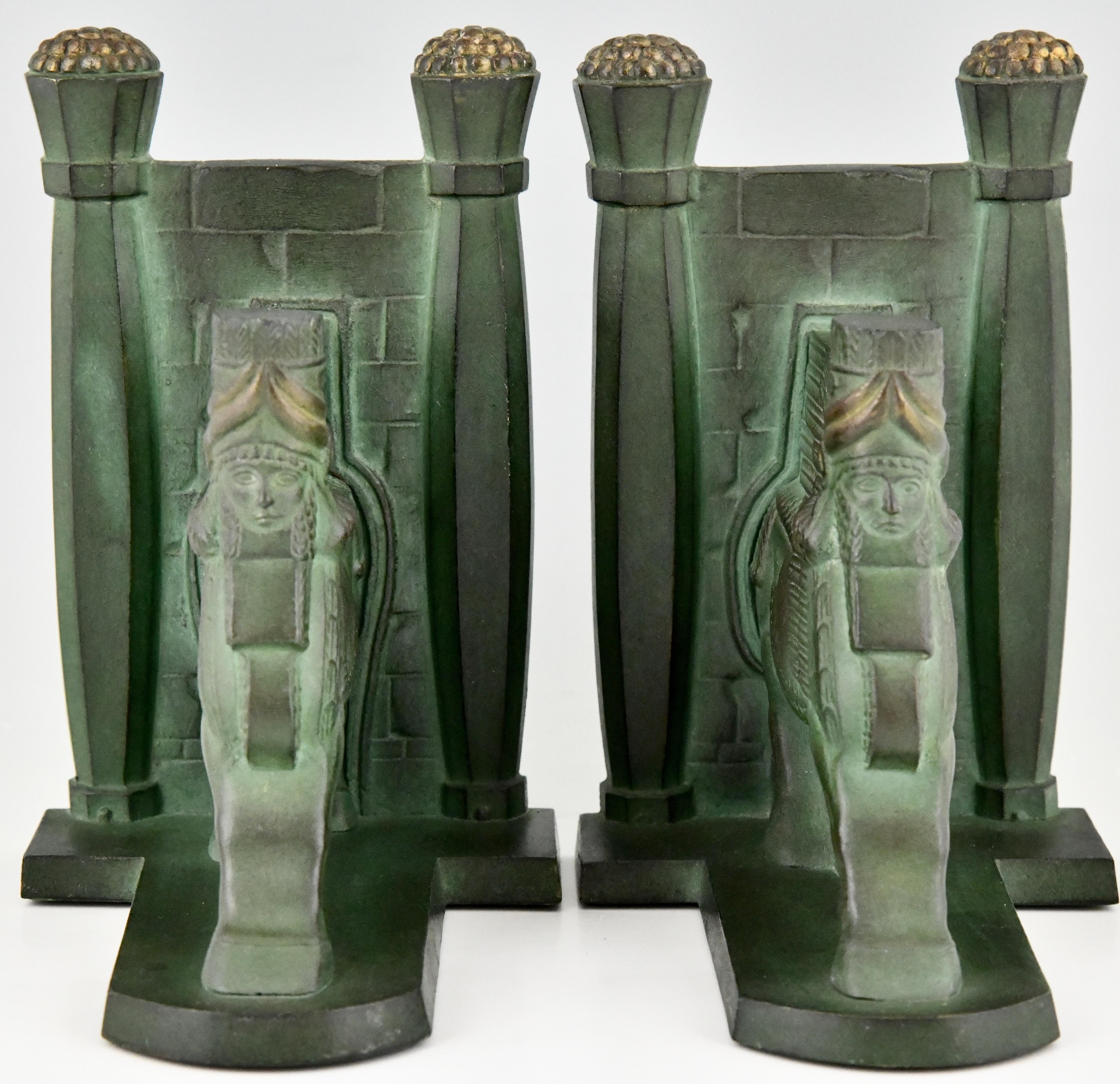 French Art Deco Bronze Lamassu Winged Man Bull Bookends C. Charles, 1930