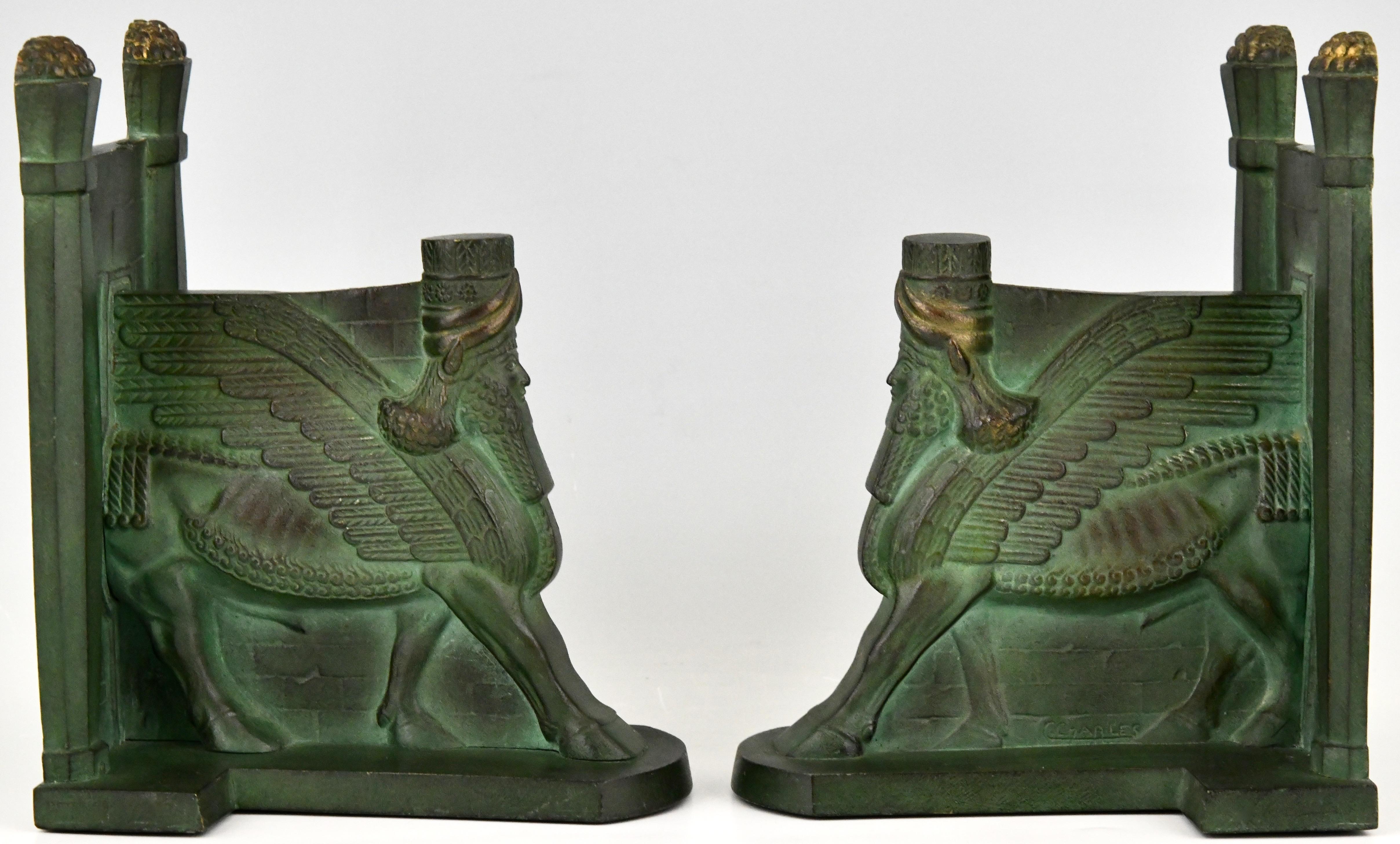Patinated Art Deco Bronze Lamassu Winged Man Bull Bookends C. Charles, 1930