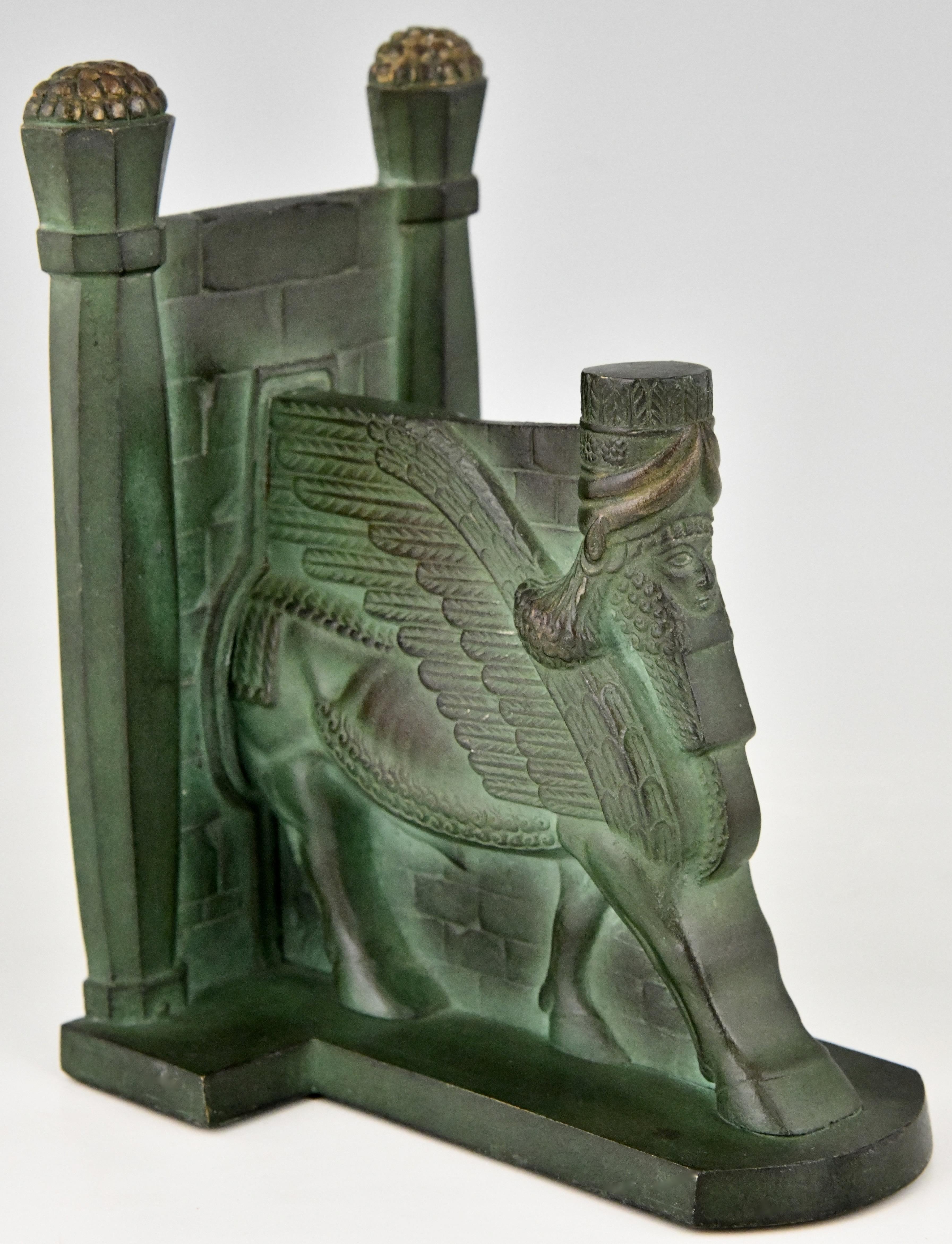 Mid-20th Century Art Deco Bronze Lamassu Winged Man Bull Bookends C. Charles, 1930