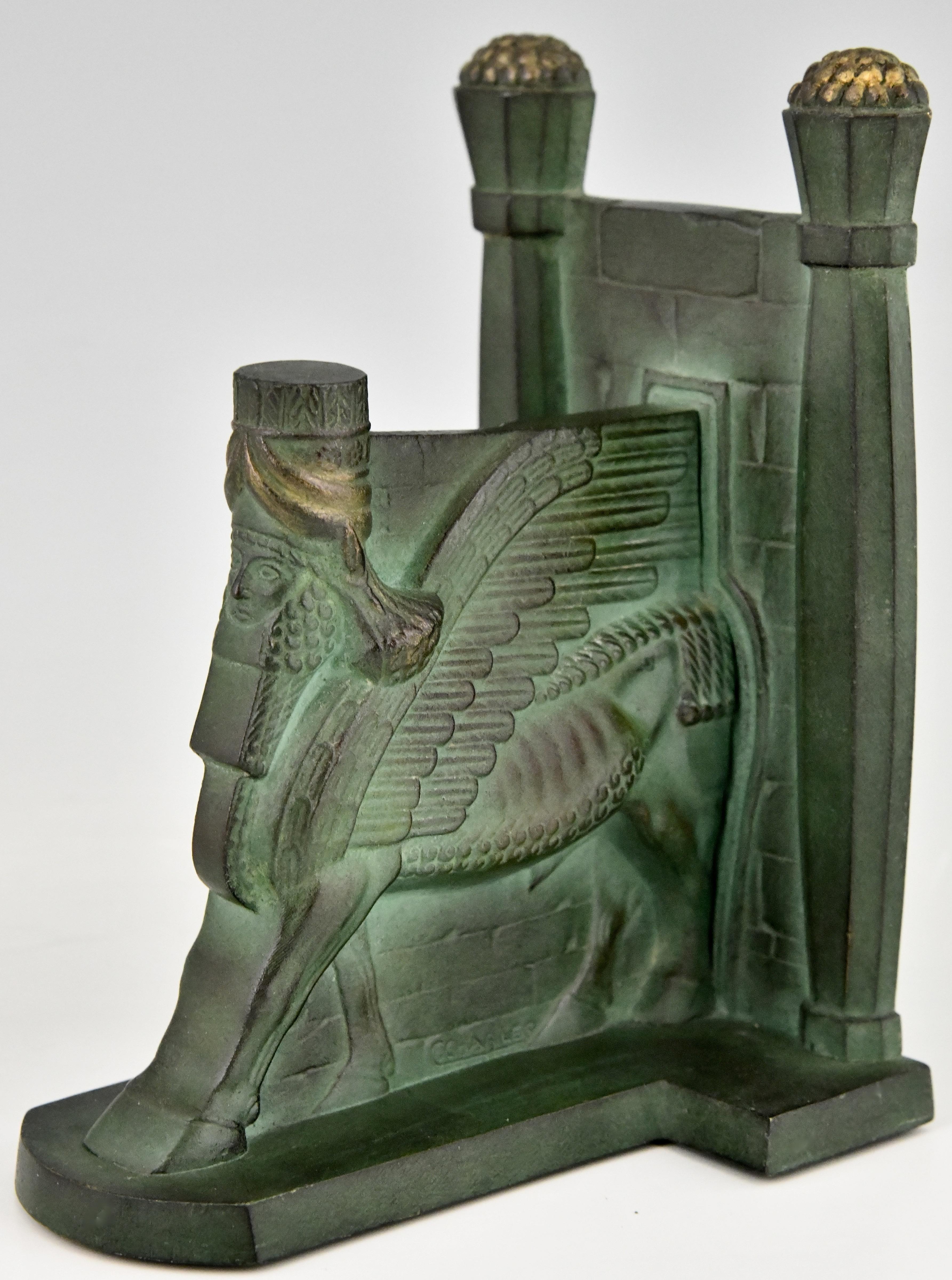 Art Deco Bronze Lamassu Winged Man Bull Bookends C. Charles, 1930 1