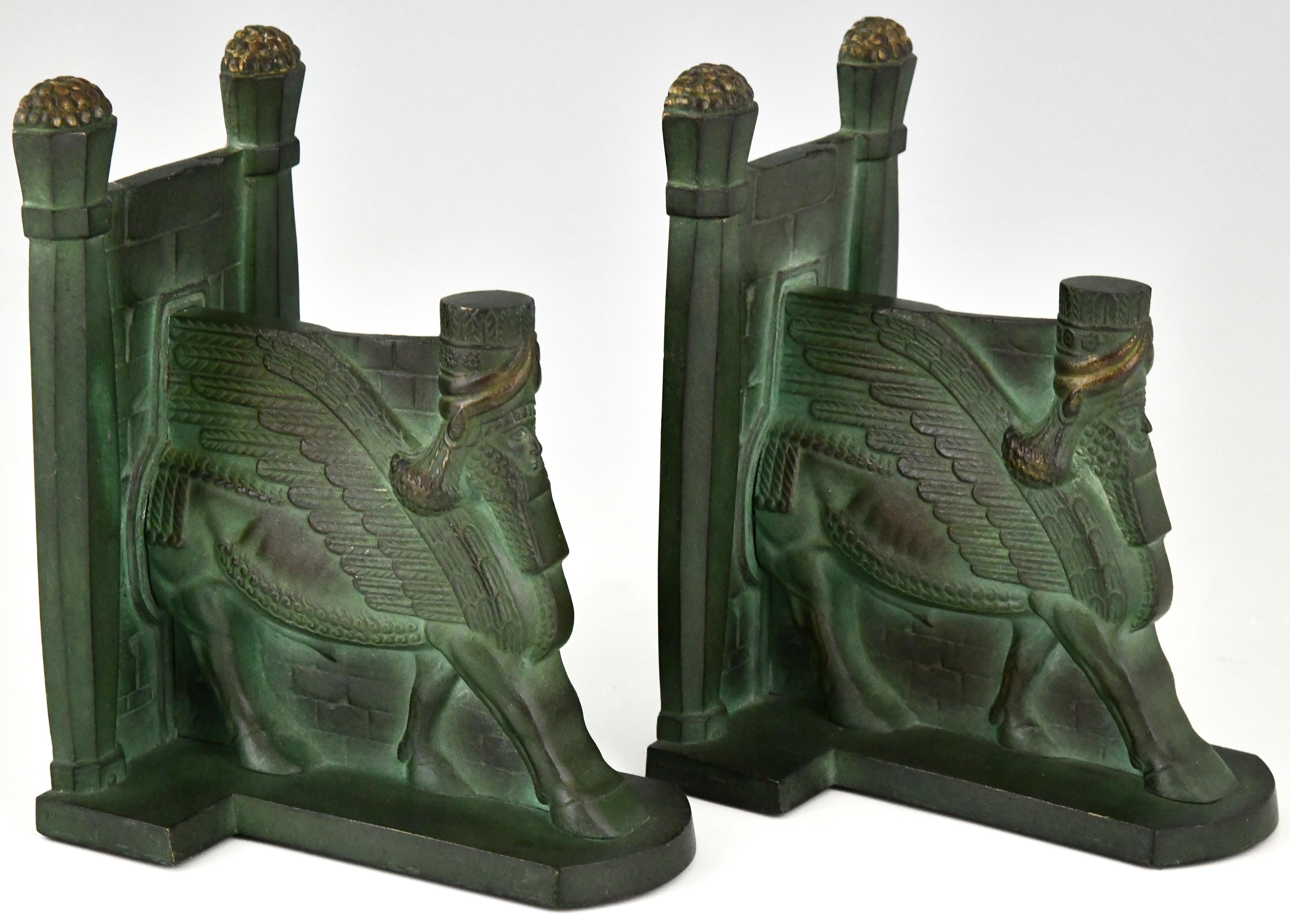 Art Deco Bronze Lamassu Winged Man Bull Bookends C. Charles, 1930 2